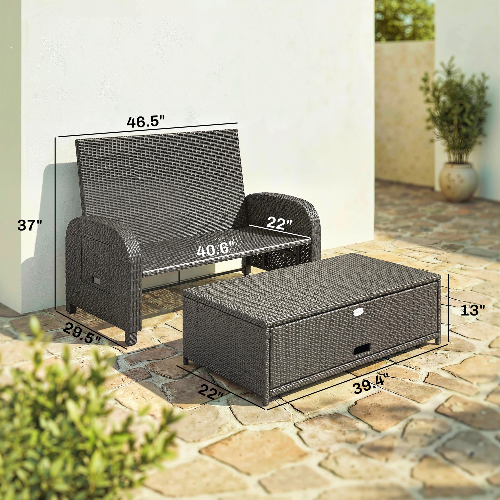 Patio Rattan Daybed, Wicker Outdoor Daybed with Storage Ottoman, Loveseat w/ Adjustable Backrest