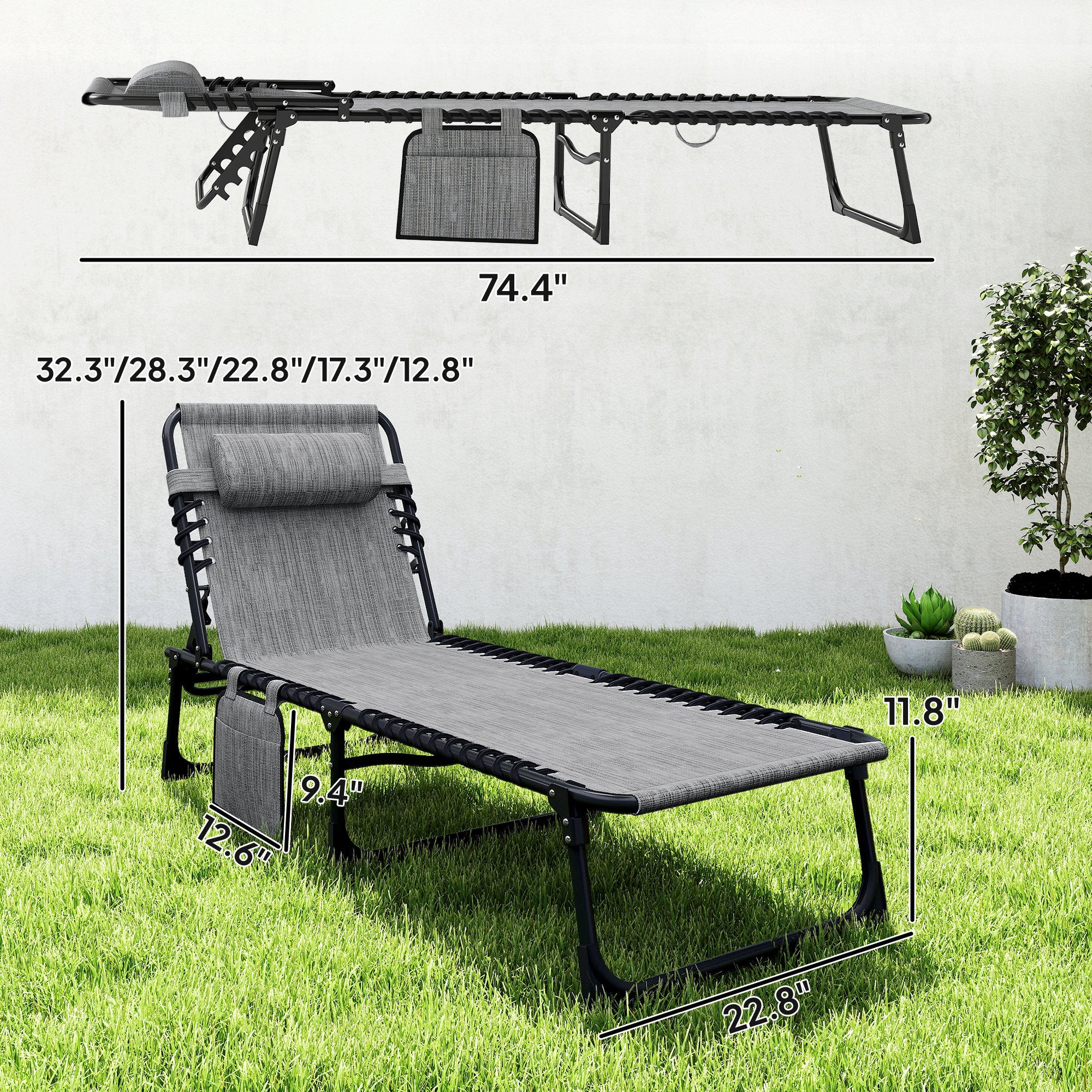 Reclining Chaise Lounge Chair, Portable Sun Lounger, Folding Camping Cot with Adjustable Backrest and Removable Pillow, for Patio, Garden, Beach