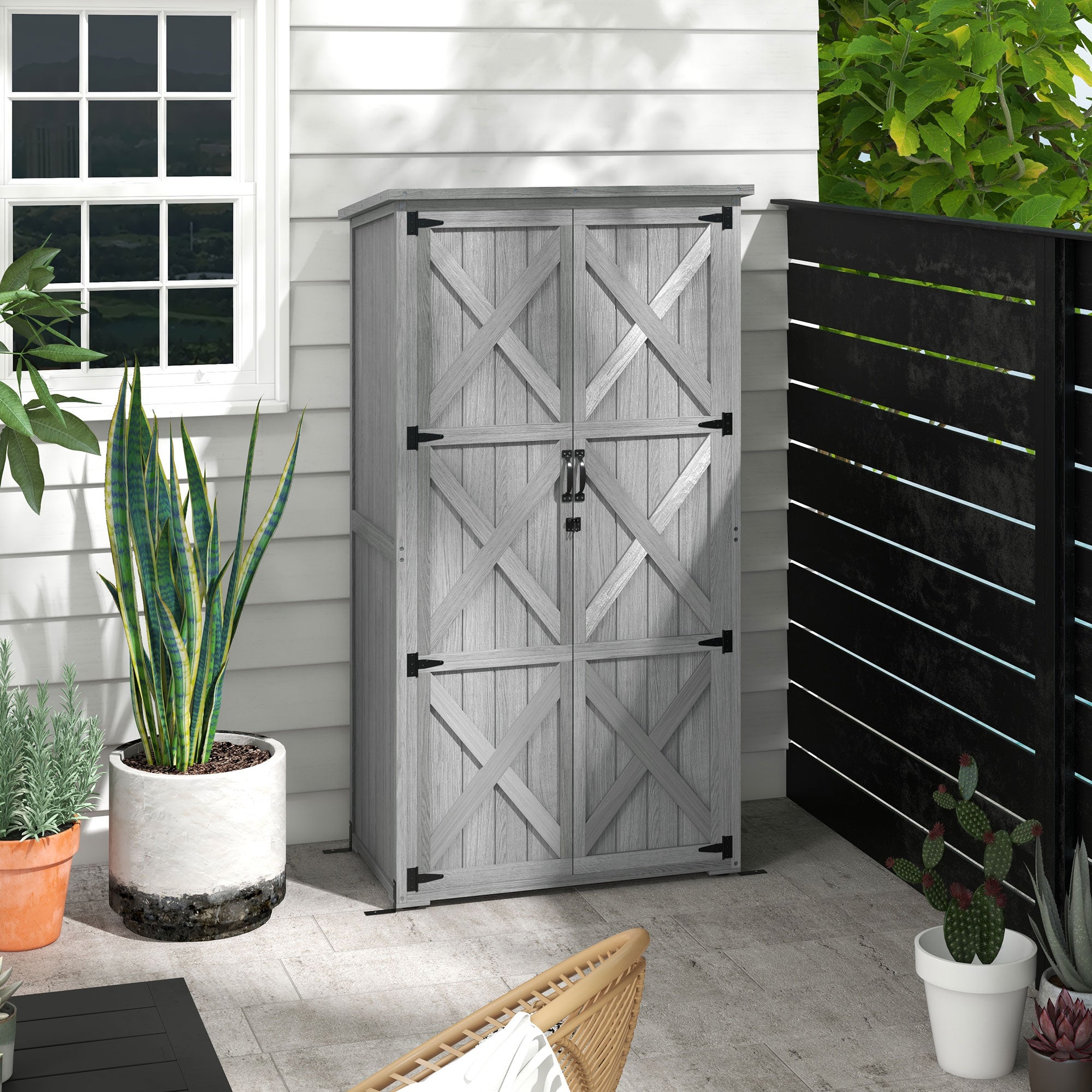 Wooden Outdoor Storage Cabinet Garden Shed with Waterproof Asphalt Roof and Lockable Doors