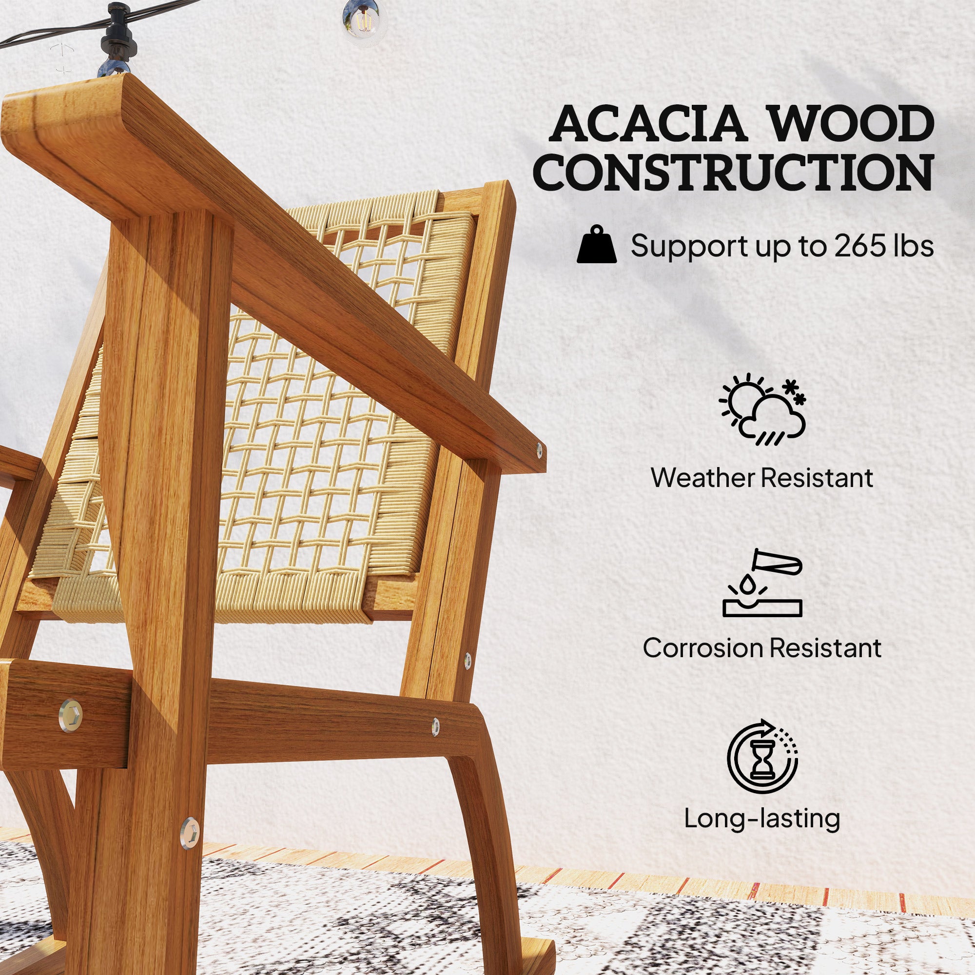 Outdoor Lawn Rocking Chair Set of 2, Acacia Wood Patio Rocking Chairs with Wicker Back and Seat for Garden, Khaki