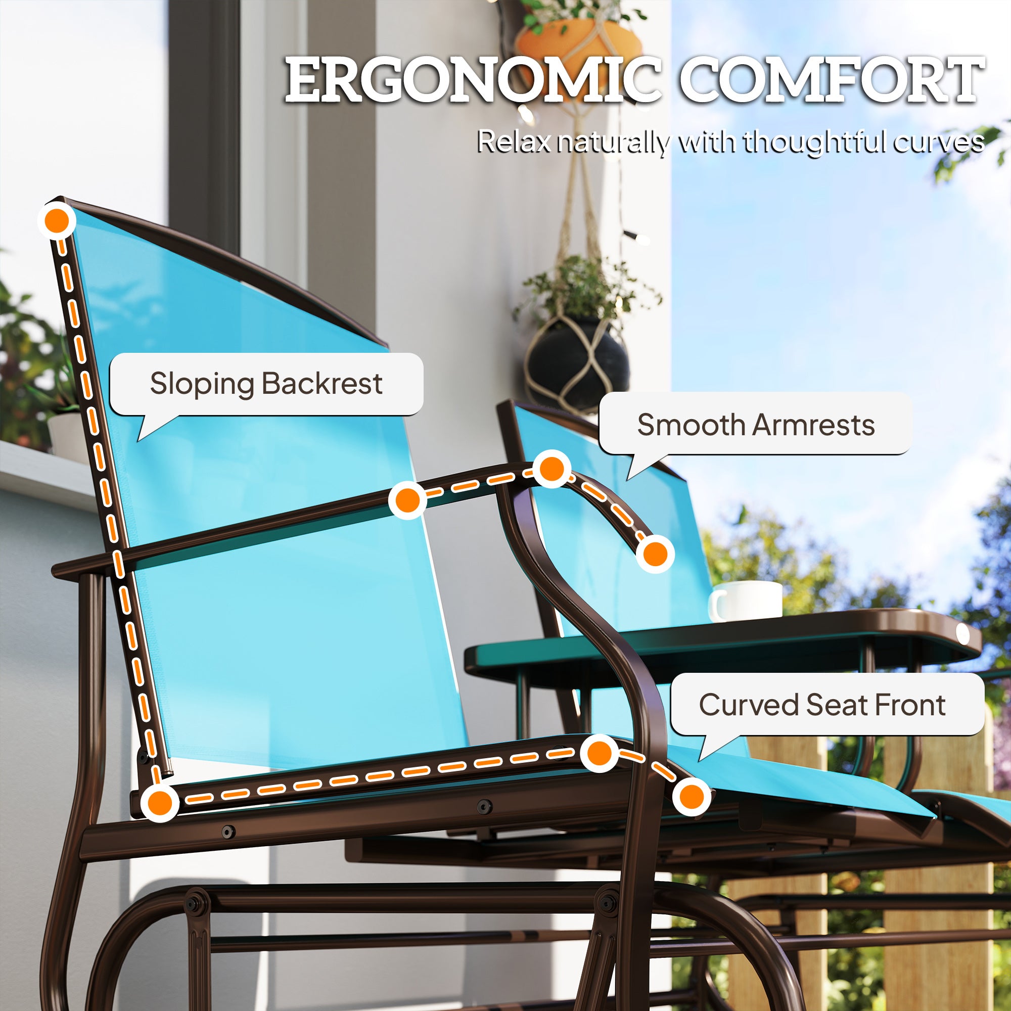 Outdoor Glider Bench with Center Table, Metal Frame Patio Loveseat with Breathable Mesh Fabric and Armrests for Backyard Garden Porch