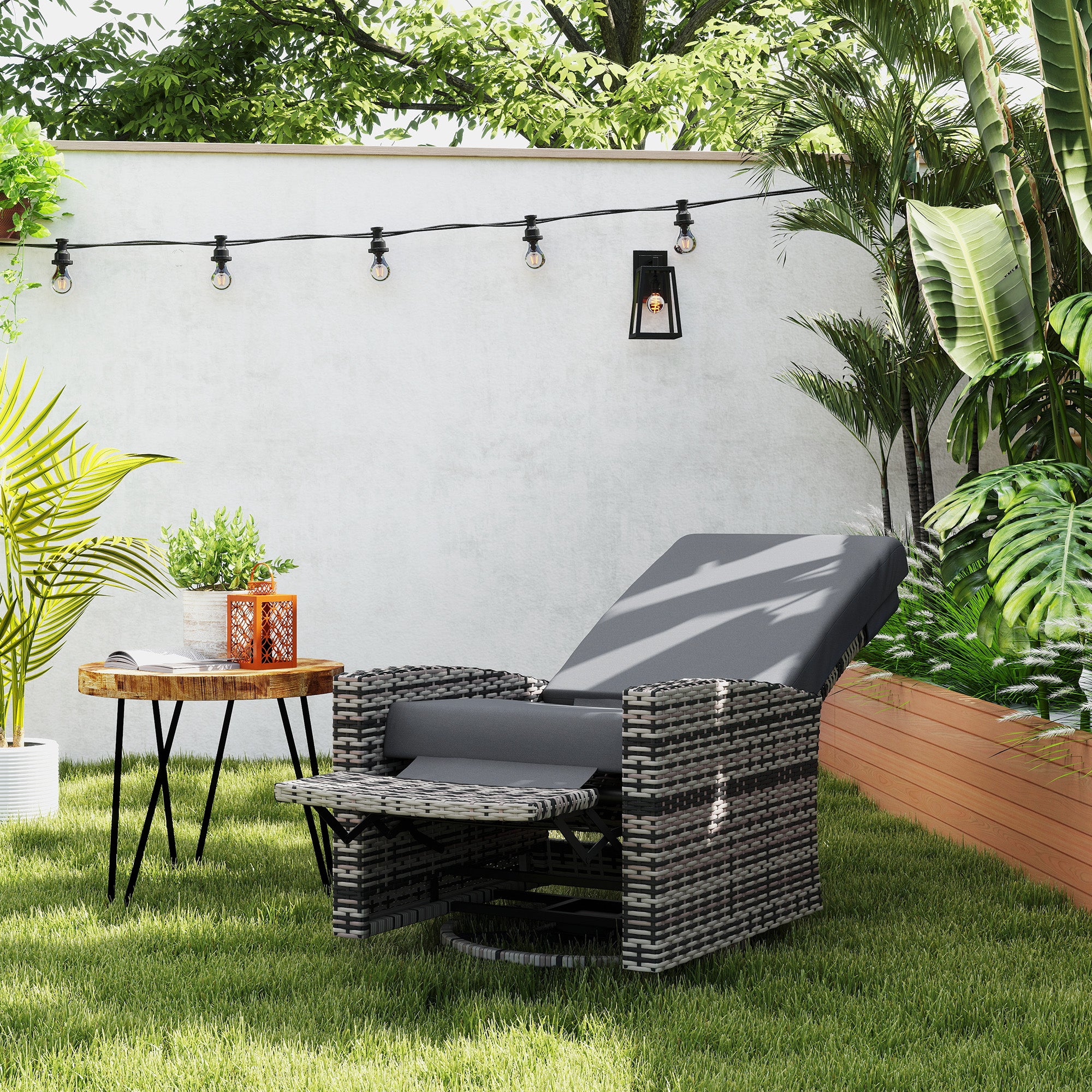 Outdoor Wicker Swivel Recliner Chair, Lifting Footrest, 360° Rotating Basic, Water-resistant Cushions, Dark