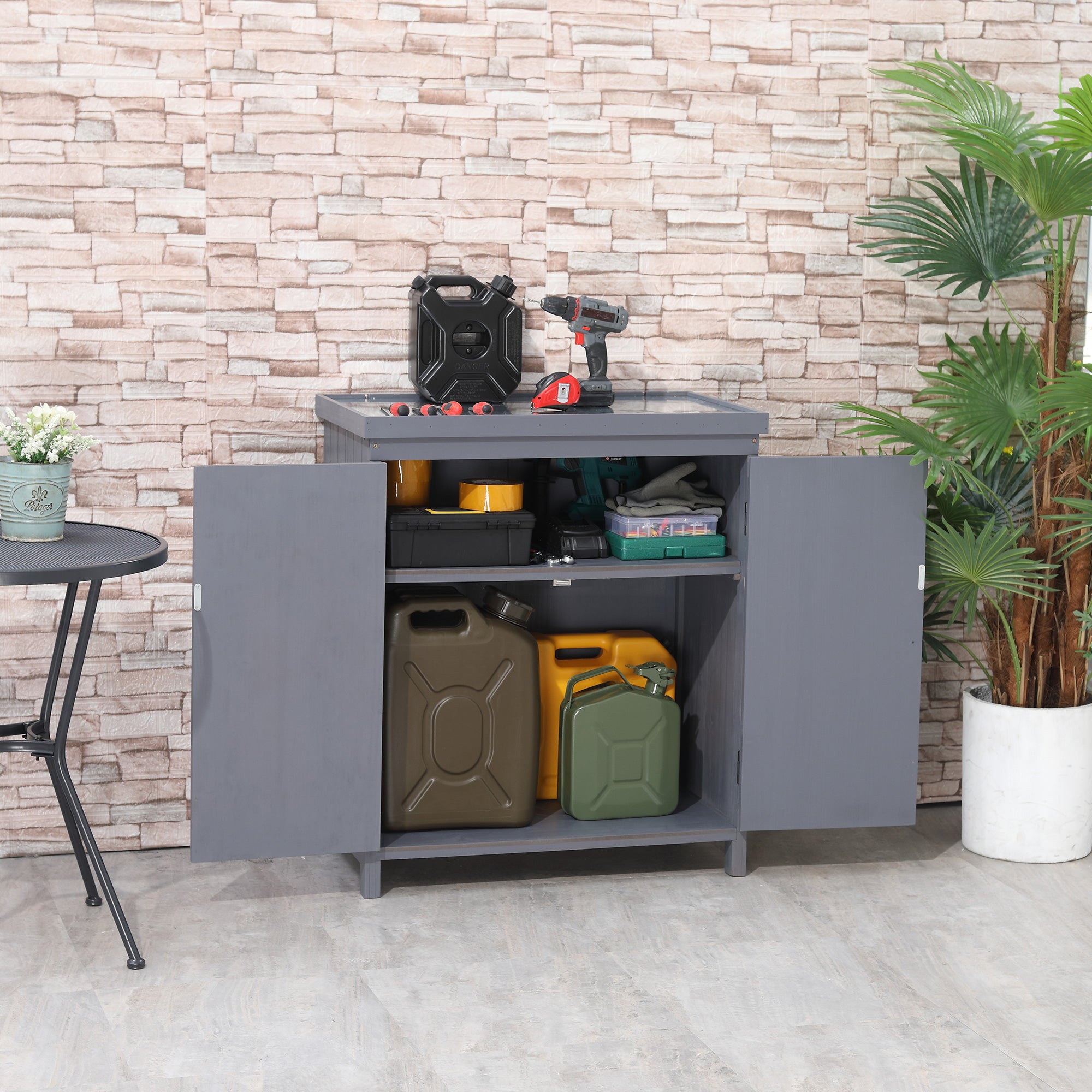 Outdoor Storage Cabinet, Outdoor Tool Shed with Galvanized Top and Two Shelves for Yard Tools or Pool Accessories