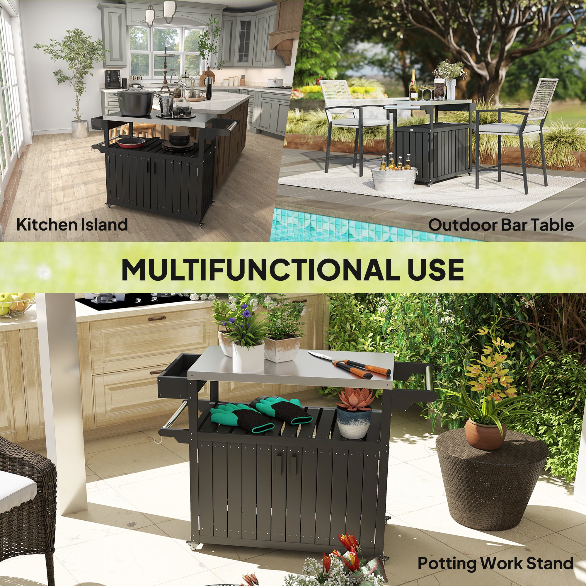 Outdoor Bar Cart with Storage, Stainless Steel Outdoor Bar Table Top, Wheeled HDPE Kitchen Island for Food Prep