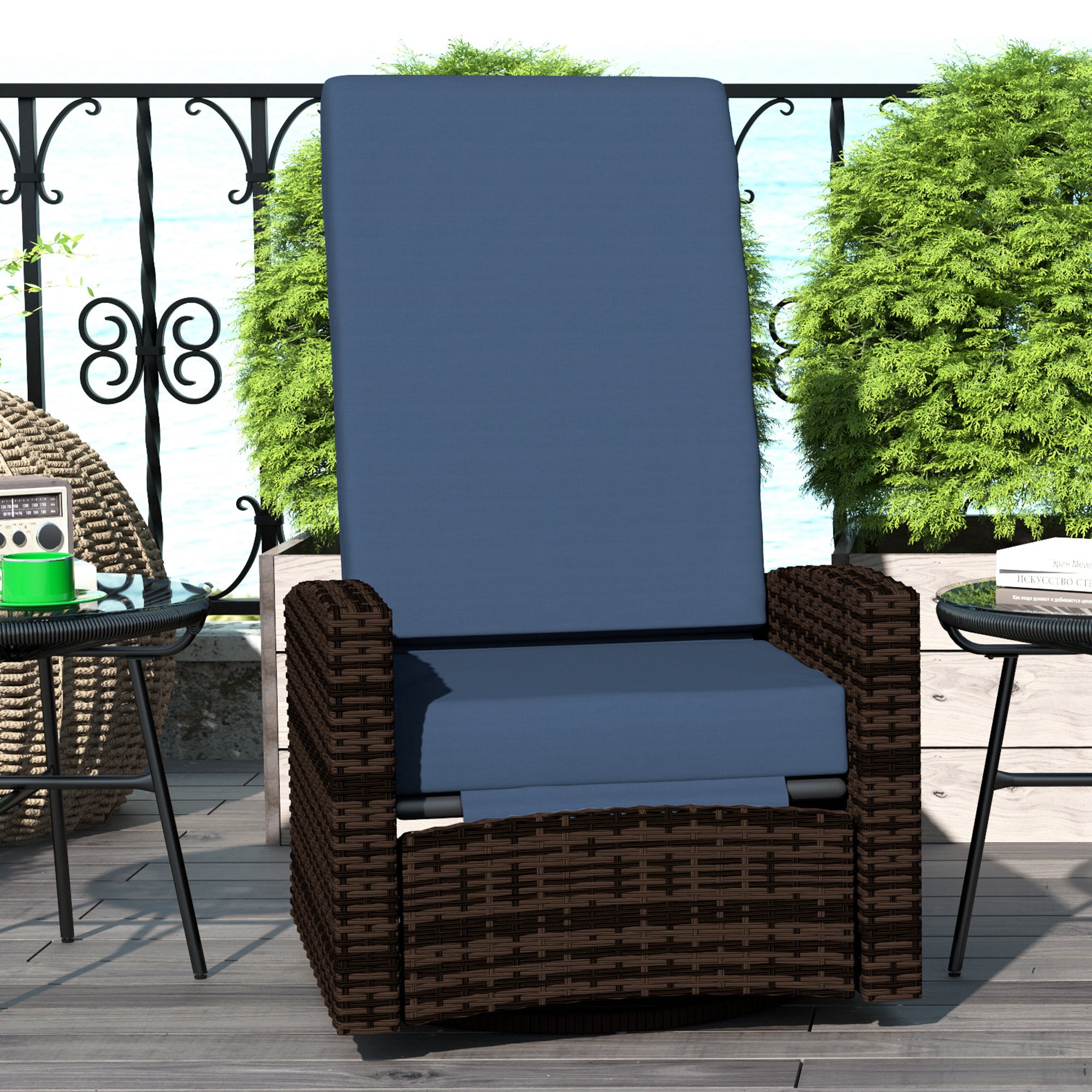 Outdoor Wicker Swivel Recliner Chair, Lifting Footrest, 360° Rotating Basic, Water-resistant Cushions, Dark