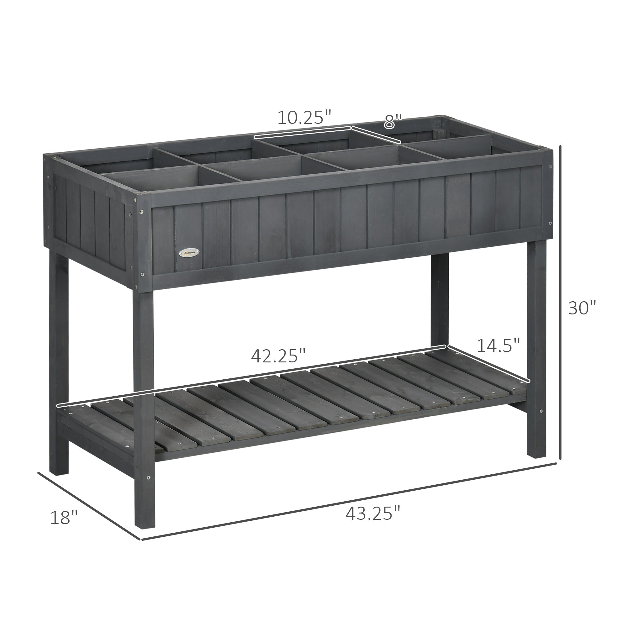 Wooden Raised Garden Bed, Elevated Planter Box Stand with 8 Slots and Open Shelf, Dark