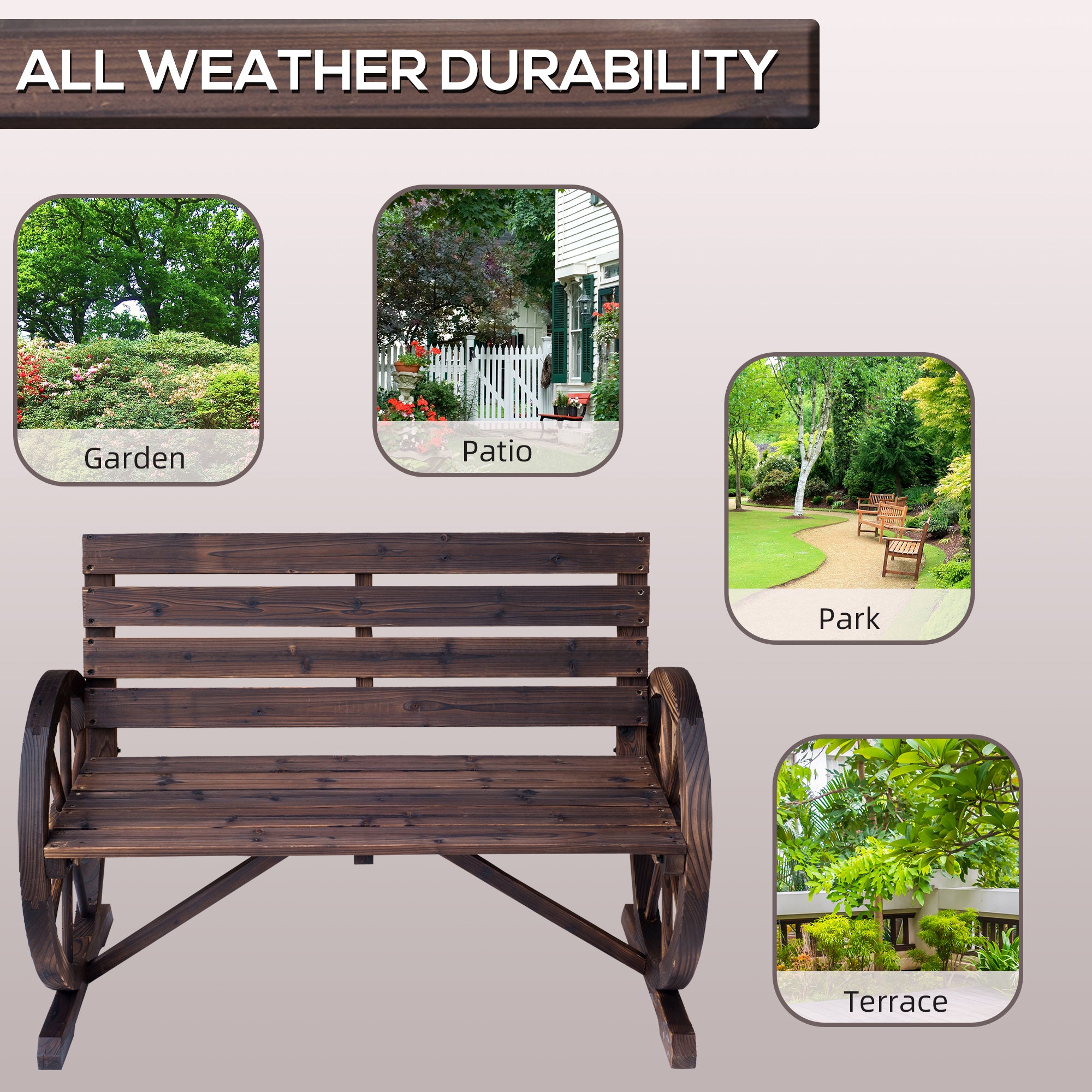 41" Wooden Wagon Wheel Bench, Rustic Outdoor Patio Bench Weather Resistance Furniture, 2-Person Slatted Seat with Backrest