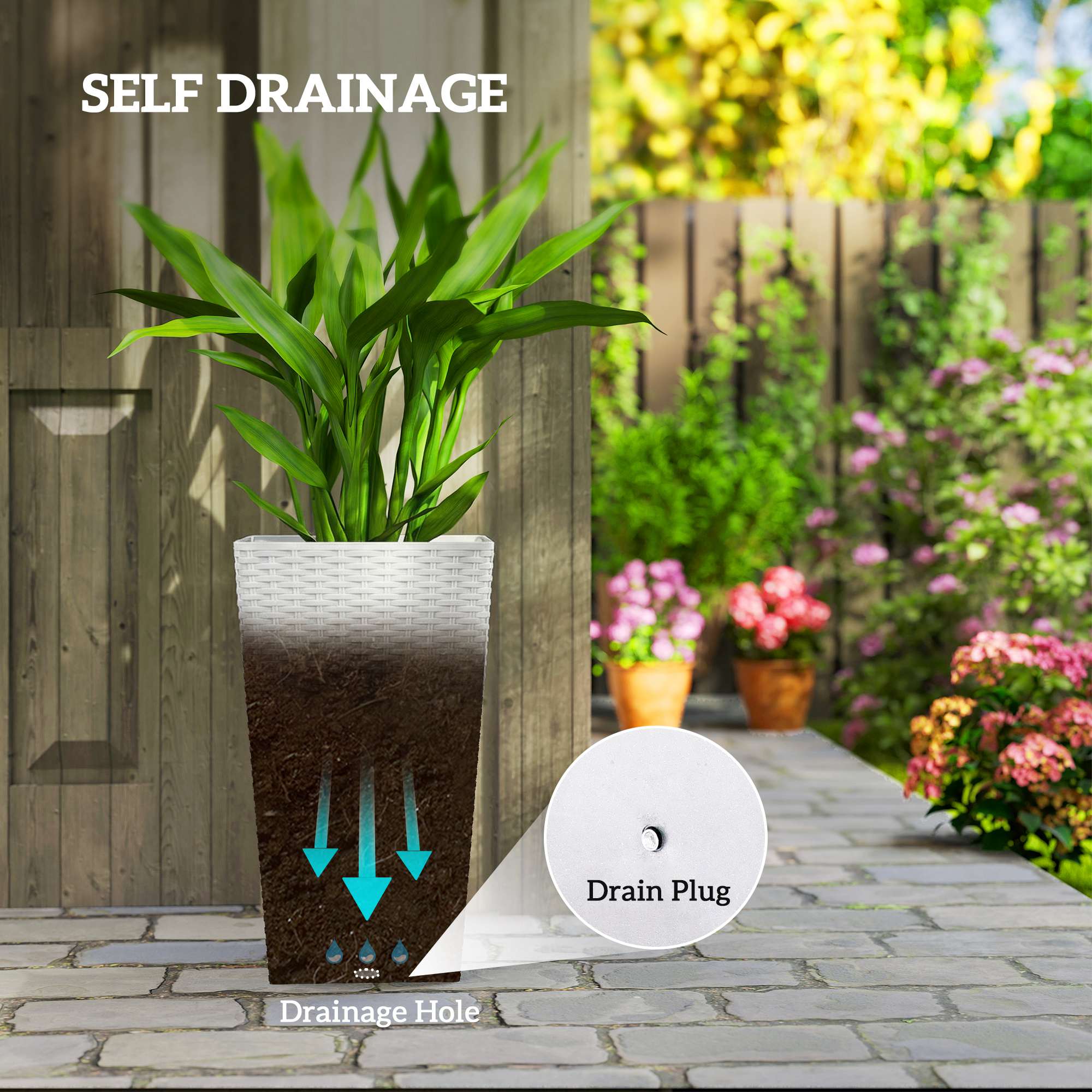 Tall Planters for Outdoor Plants Set of 3, 24 In Taper Planters with Drainage Holes, Rattan Decor Plant Pots