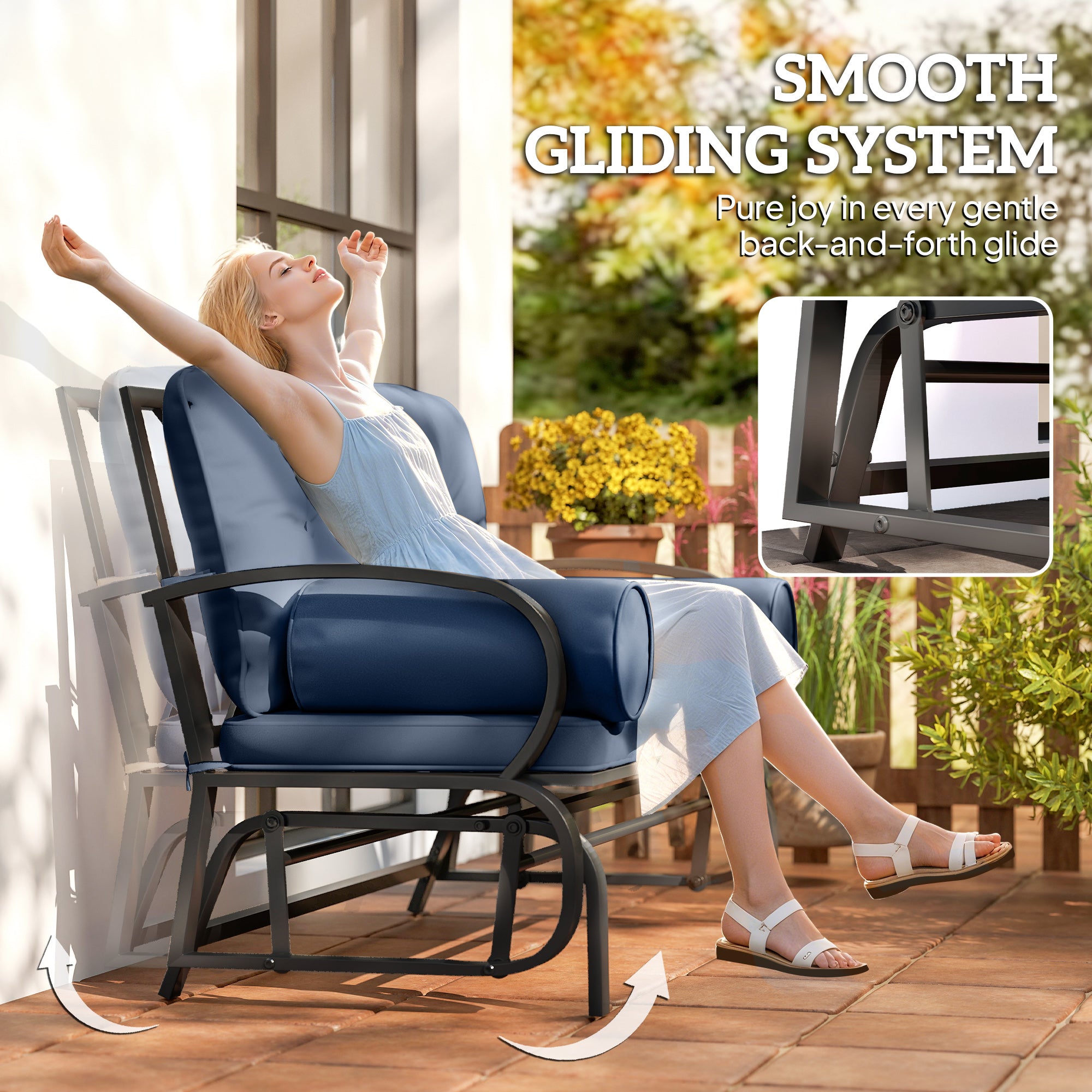 Swing Glider Rocking Chair, Double Patio Bench, 2 Person Loveseat with Steel Frame, Cushions, Pillow Armrests