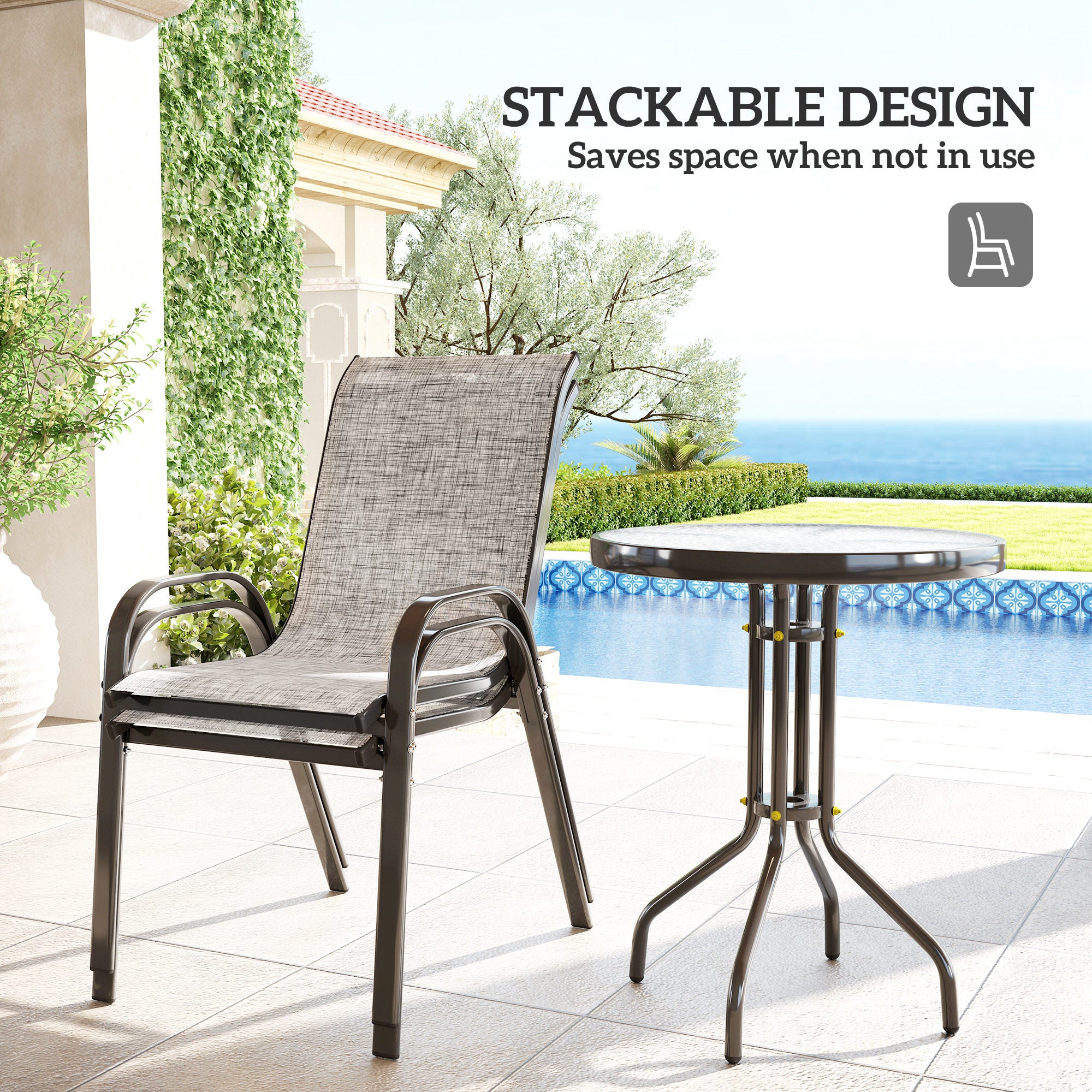 3 Pieces Bistro Set, Small Patio Furniture Set with Stackable Chairs and Glass Table for Backyard, Balcony