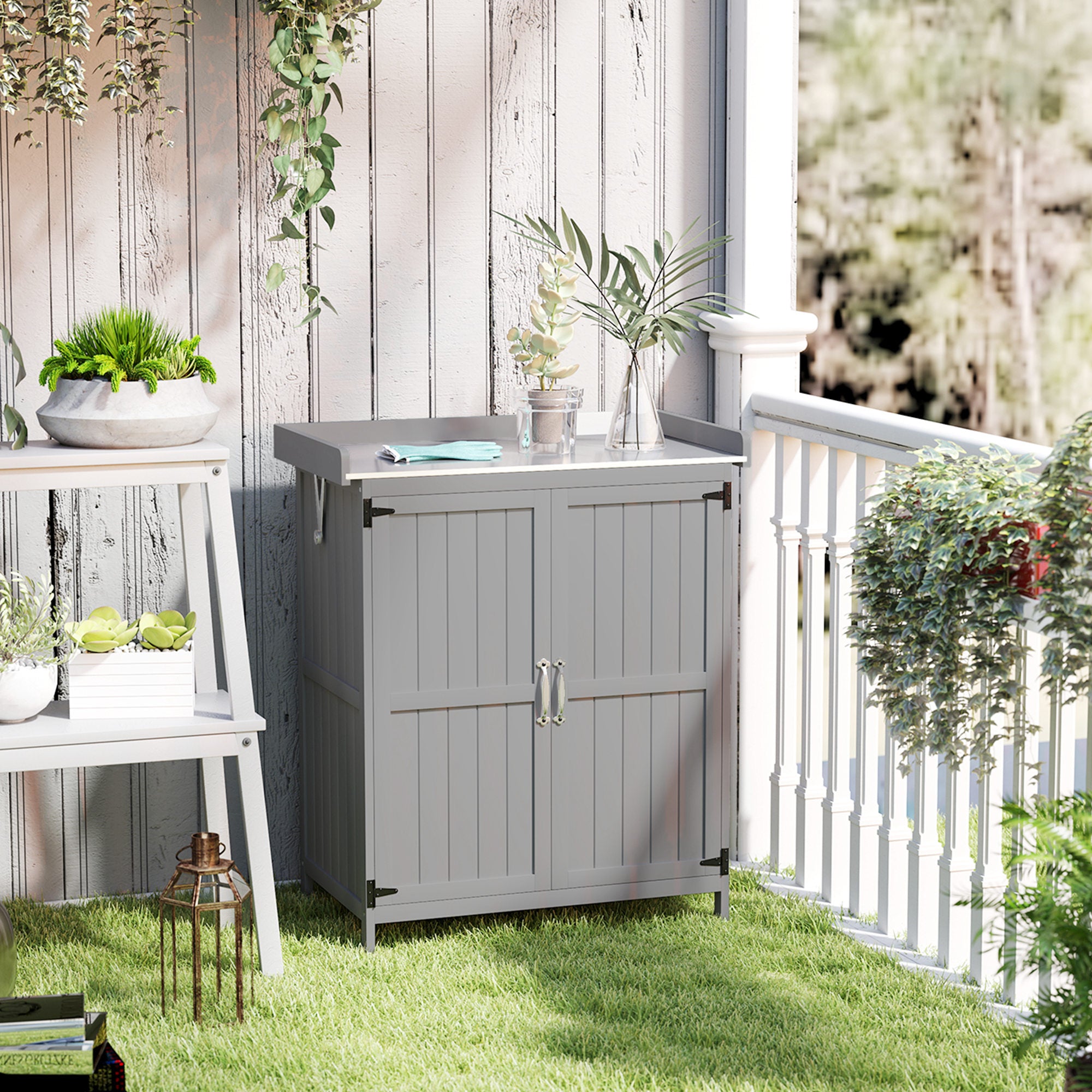 Outdoor Storage Cabinet, Garden Tool Shed with Metal Tabletop and Shelf, Wooden Potting Bench with 2 Doors