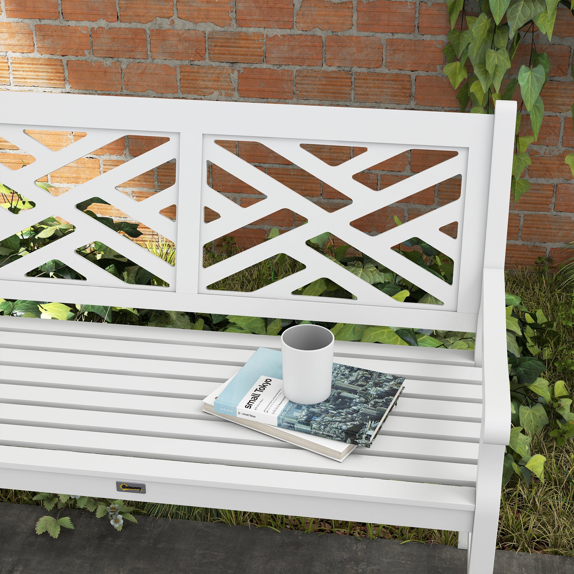 Outdoor Garden Bench, Wooden Frame Patio Bench with Geometric Pattern, 43.25 Inch Weatherproof 2-Person Love Seat for Garden, Lawn, Porch, Yard, Work Entryway