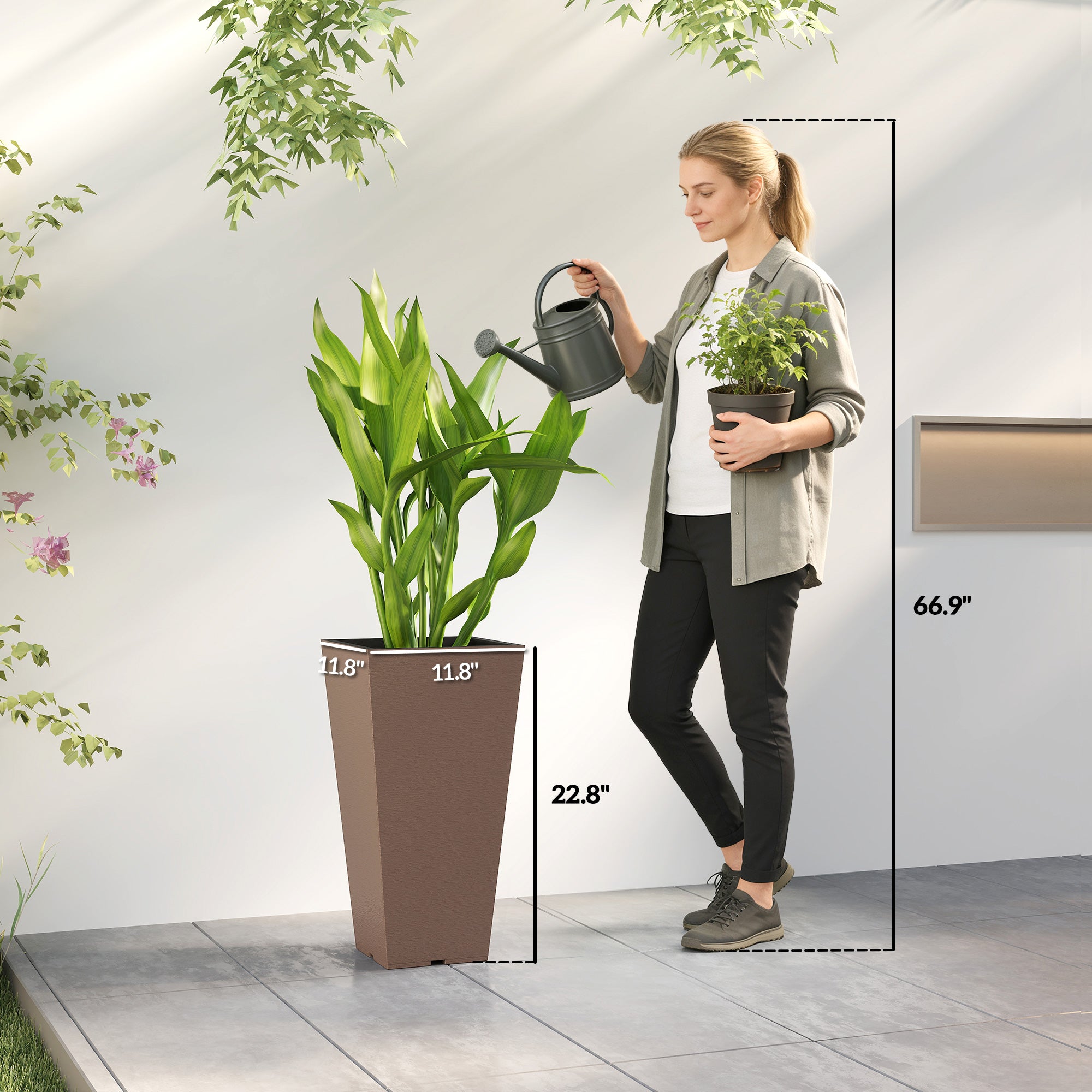 23 Inch Tall Planters for Outdoor Plants, Set of 2 Plastic Flower Pots, for Front Door Patio Garden Use