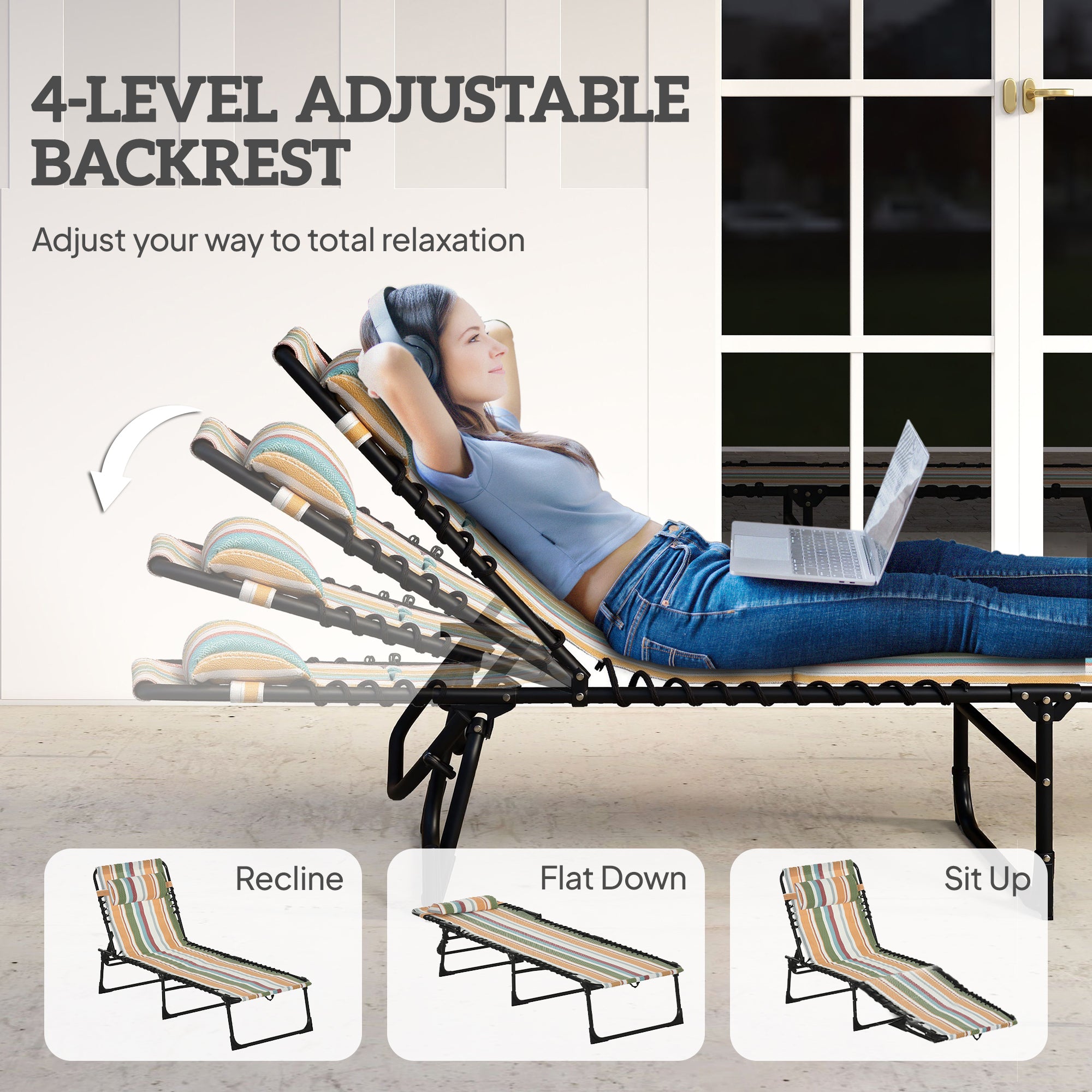 Foldable Chaise Lounge, 3-Position Reclining Back, Portable design and Breathable Mesh for Poolside, Camping, Hiking
