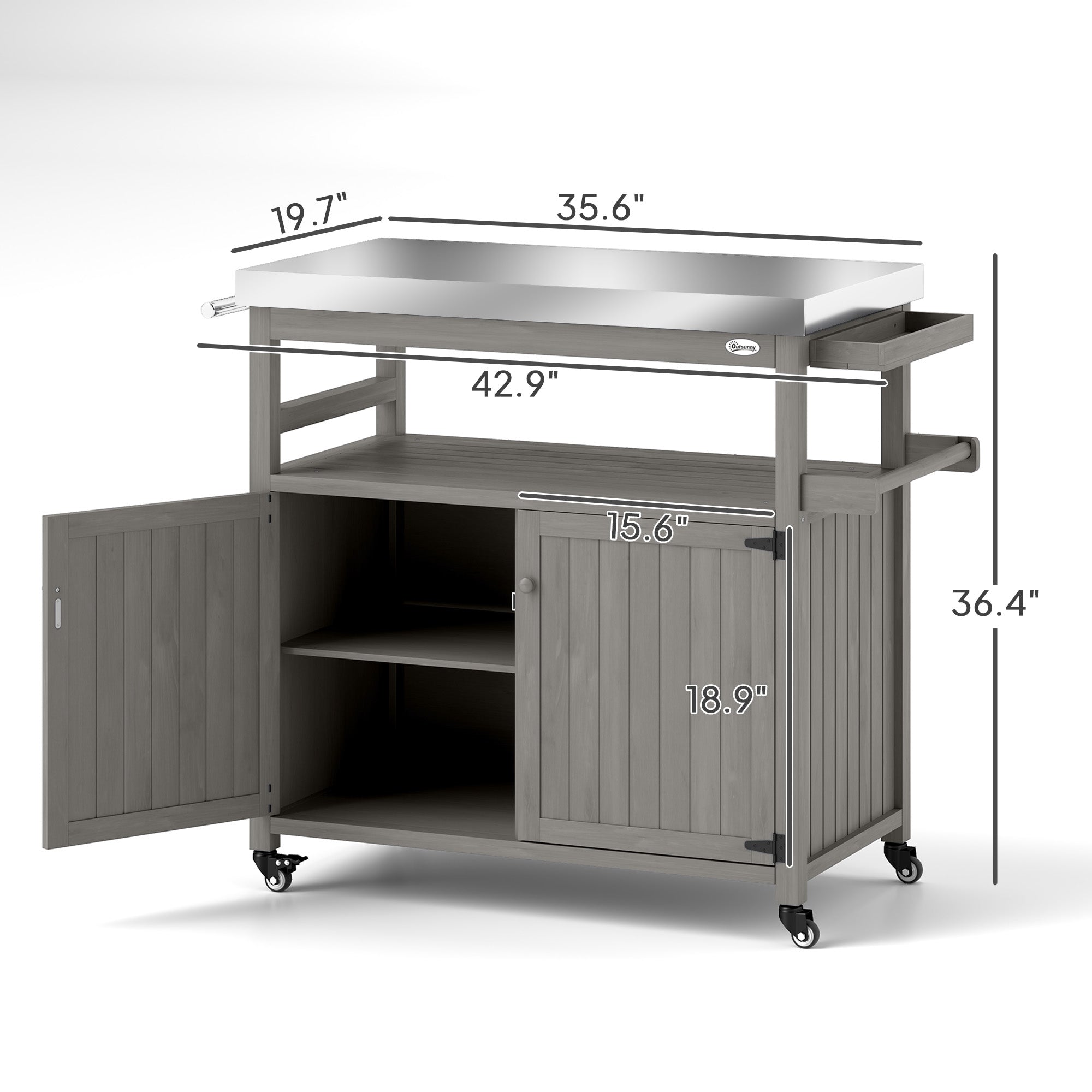 Outdoor Grill Cart w/ Stainless Steel Top, Solid Wood Outdoor Kitchen Island w/ Wheels, Storage Cabinets