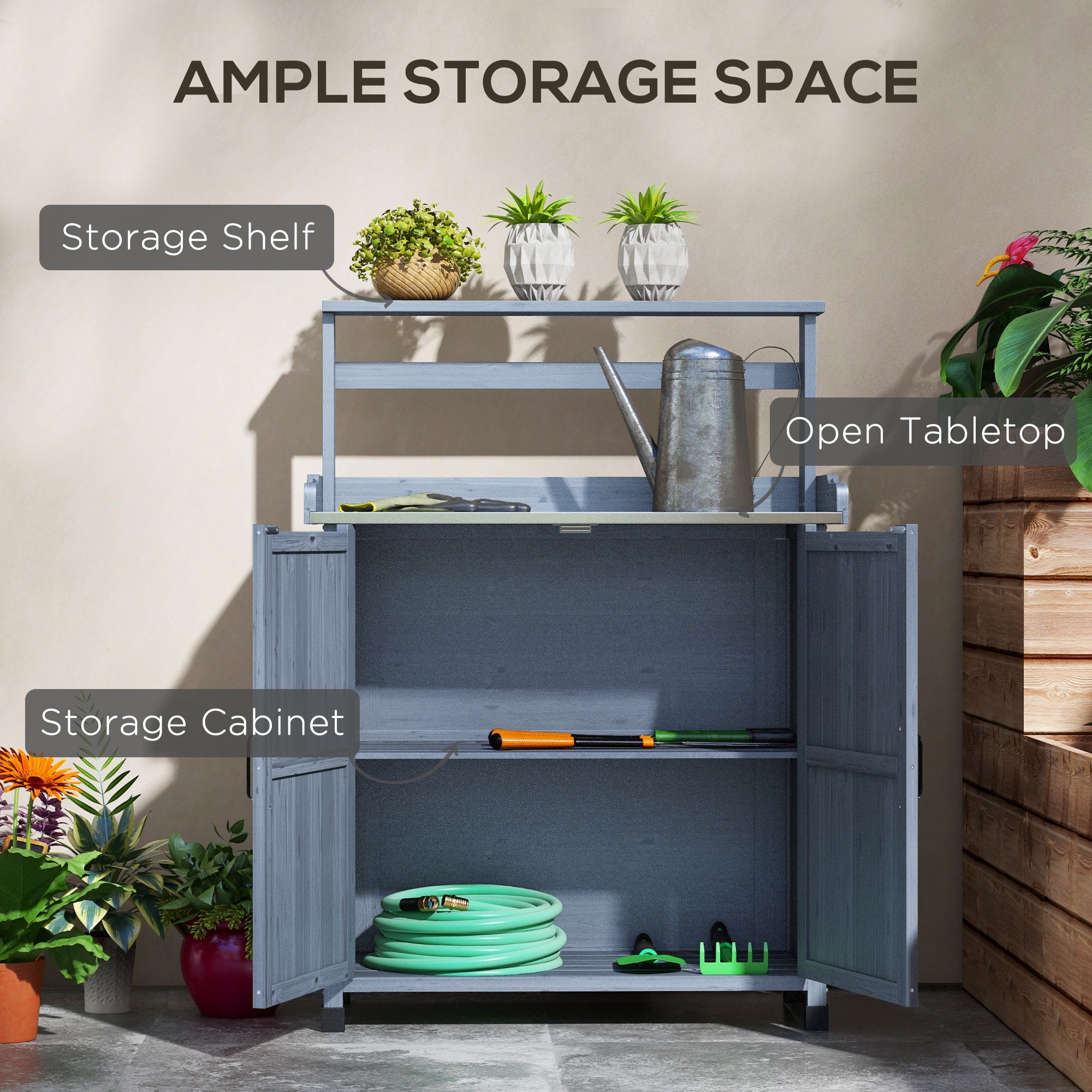 Outdoor Wooden Potting Bench with Storage Cabinet, Shelves, Galvanized Plated Tabletop for Backyard, Balcony