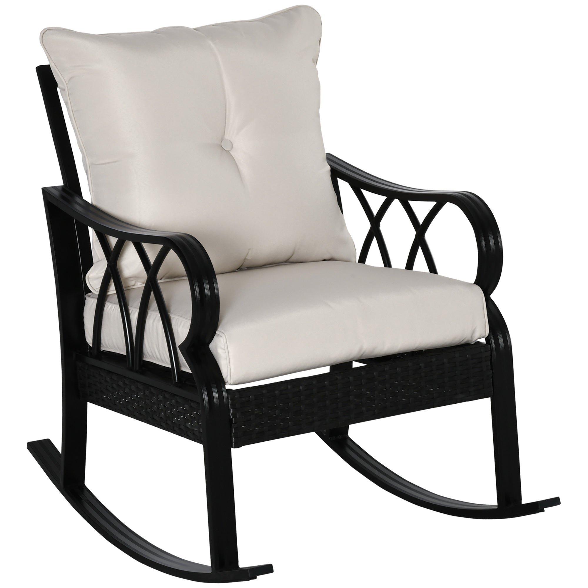 Outdoor Wicker Rocking Chair with Padded Cushions, Aluminum Furniture Rattan Porch Rocker Chair w/ Armrest for Garden, Patio, and Backyard