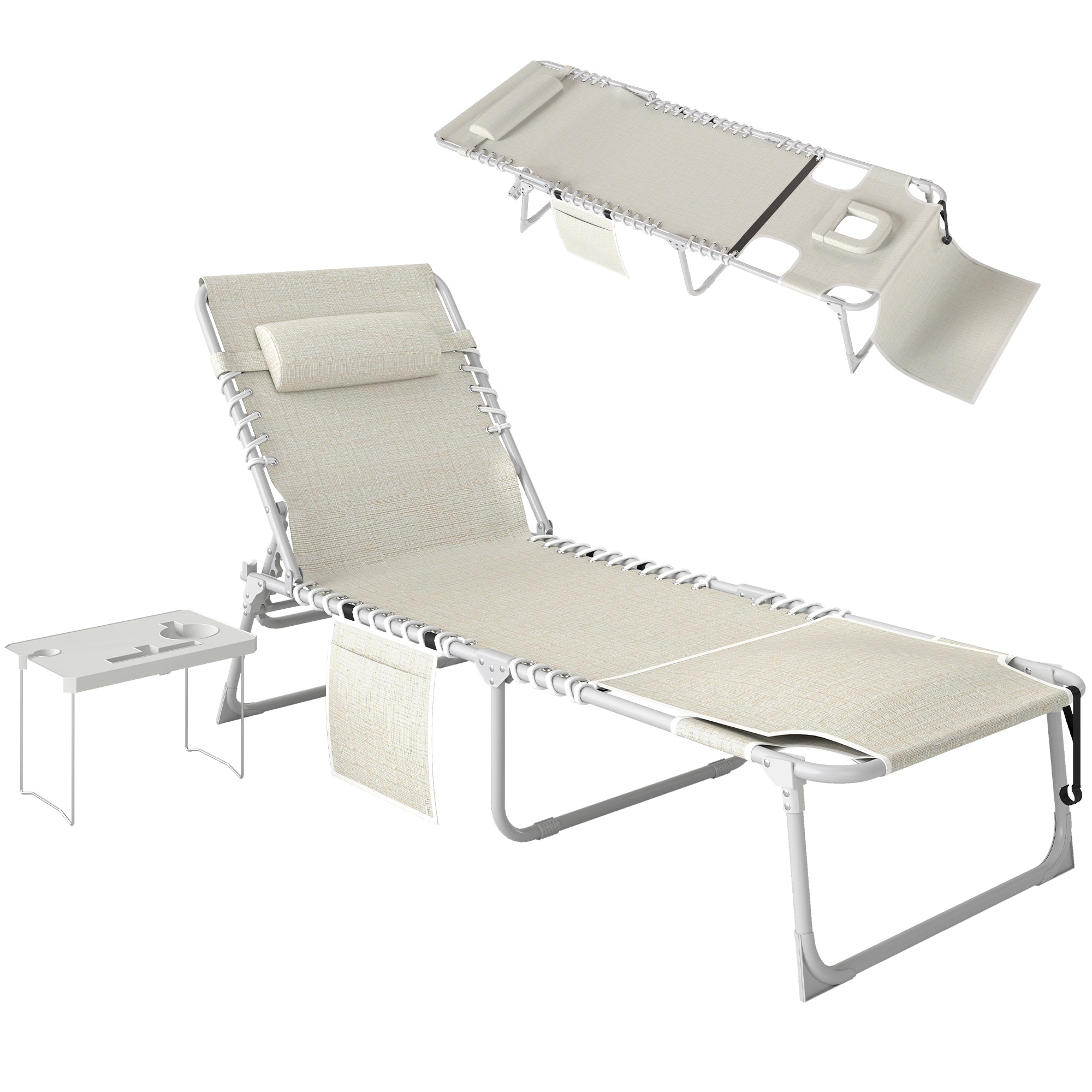 Tanning Chair with Face Hole and Side Table, 5-Position Folding Outdoor Chaise Lounge Chair