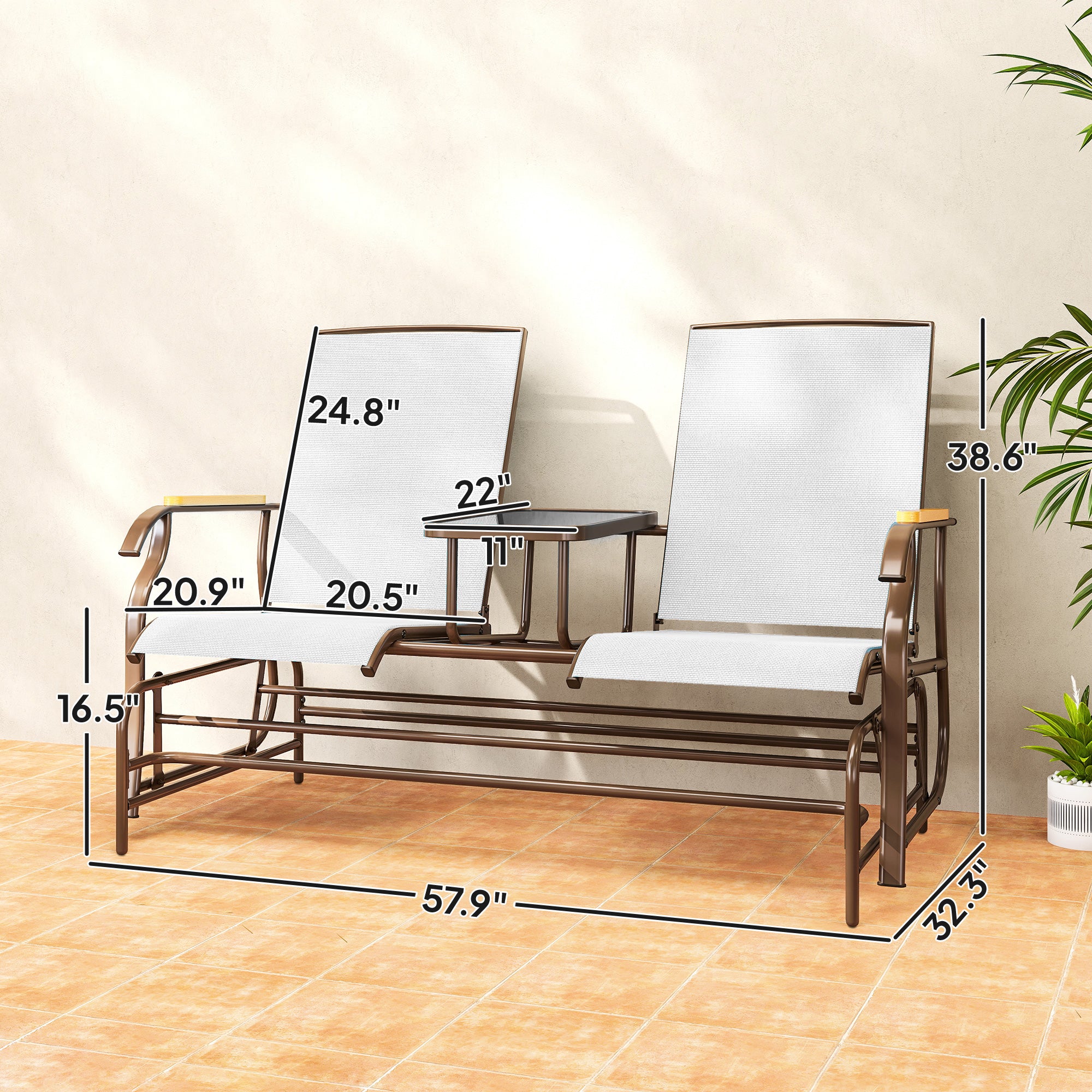 Outdoor 2-Person Glider Bench, Outside Glider Swing Chair Loveseat with Table, Steel Frame