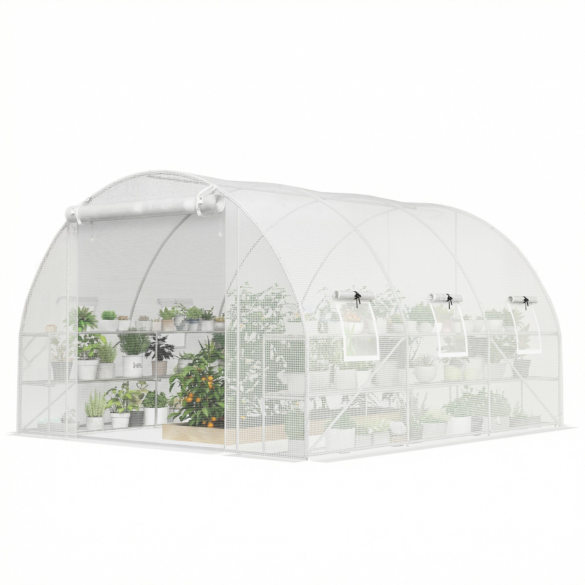 10'x11'x6' Walk-in Tunnel Greenhouse with Shelves, Mesh Door and Windows, Hoop House Greenhouse with PE Cover