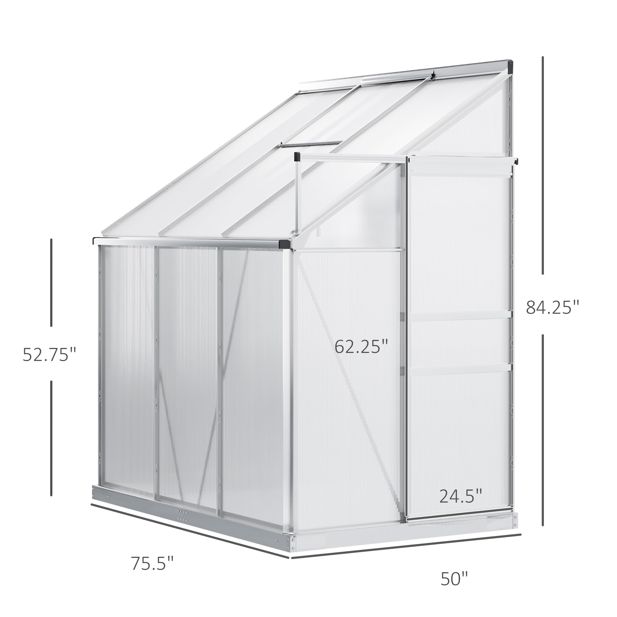 6' x 4' Aluminum Lean-to Greenhouse Polycarbonate Walk-in Garden Greenhouse with Adjustable Roof Vent, Rain Gutter and Sliding Door for Winter, Clear