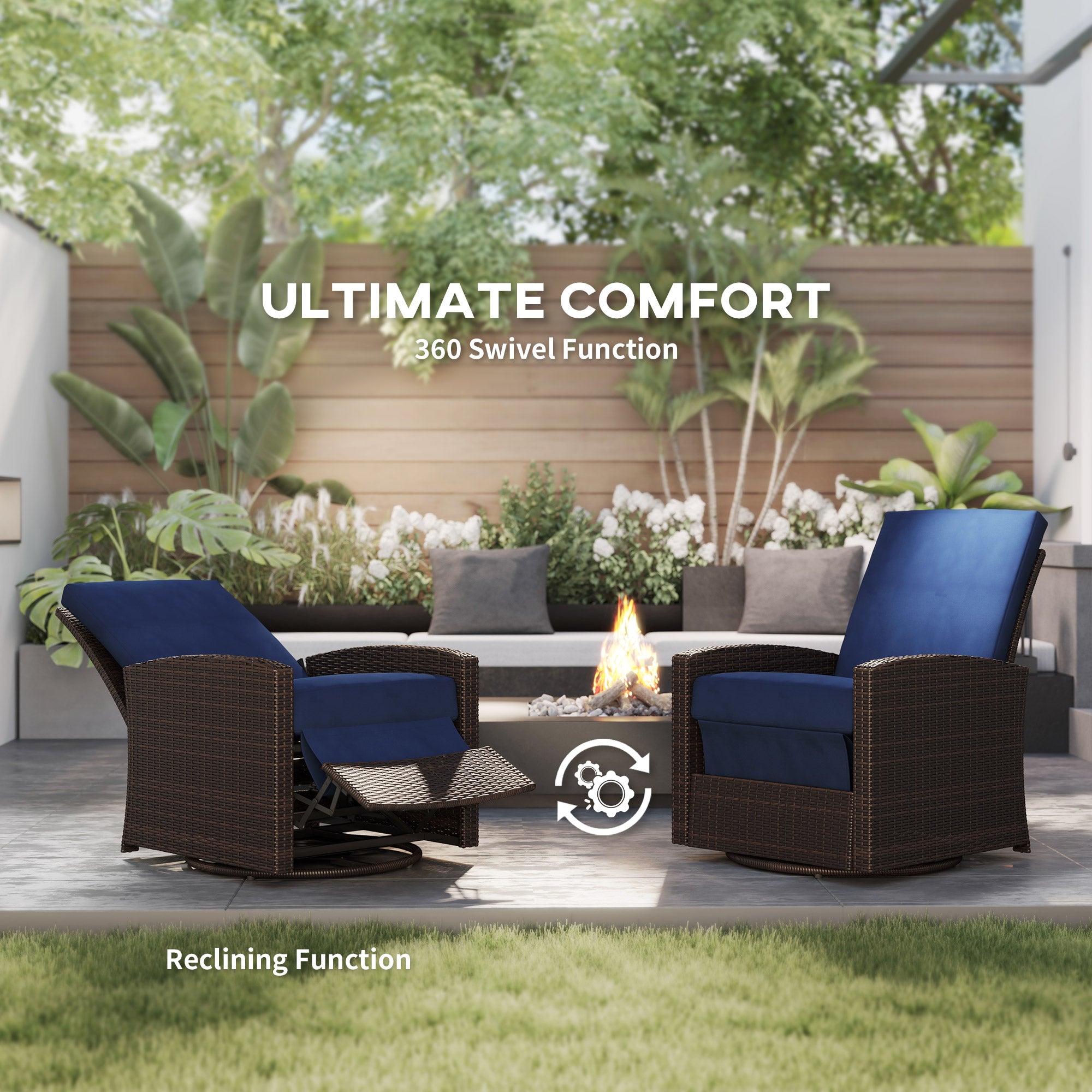 Outdoor Wicker Swivel Recliner Chair, Reclining Backrest, Lifting Footrest, 360° Rotating Basic, Water Resistant Cushions for Patio