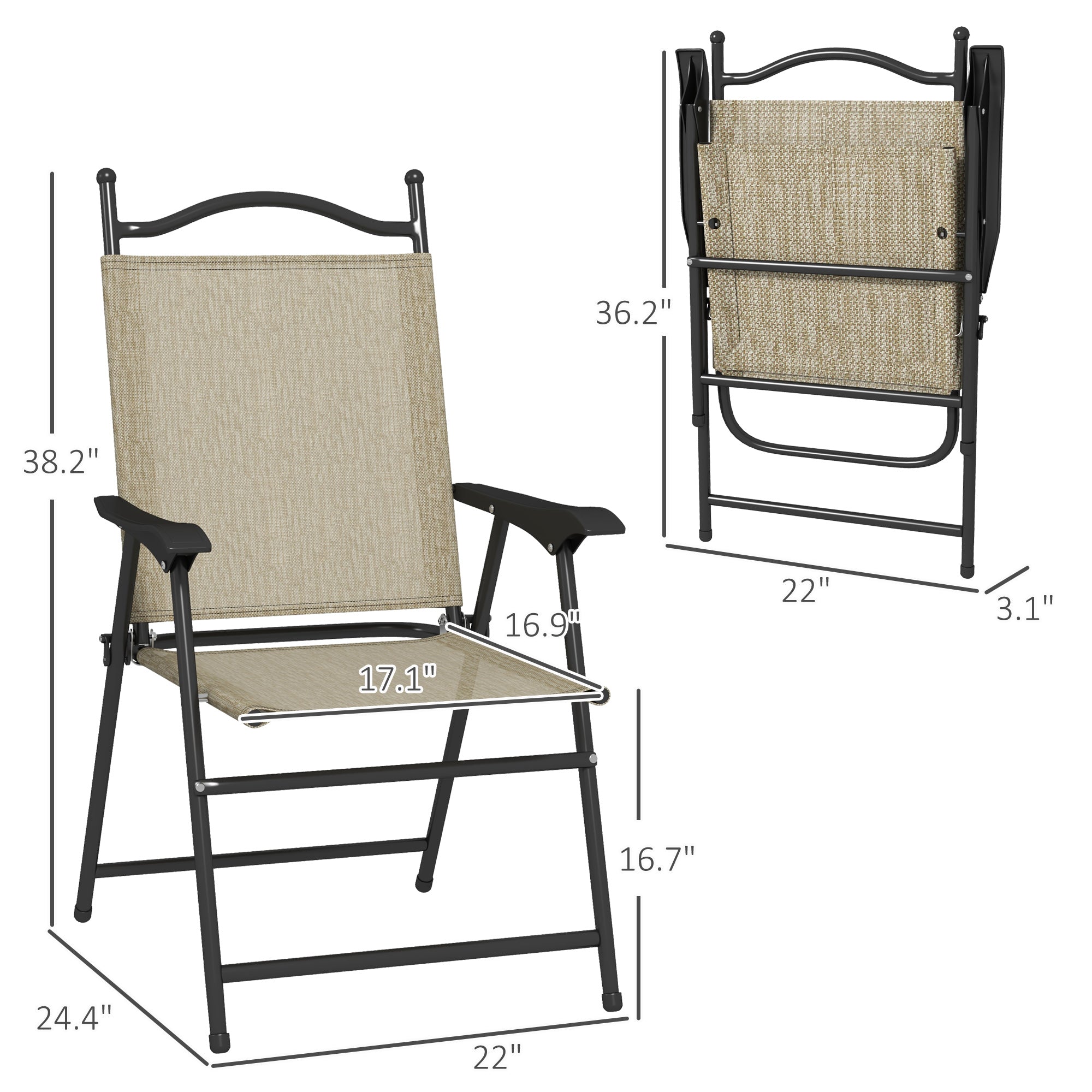 4 Piece Folding Patio Camping Chair Set, Sports Chairs for Adults with Armrests, Mesh Fabric Seat for Lawn, Beige