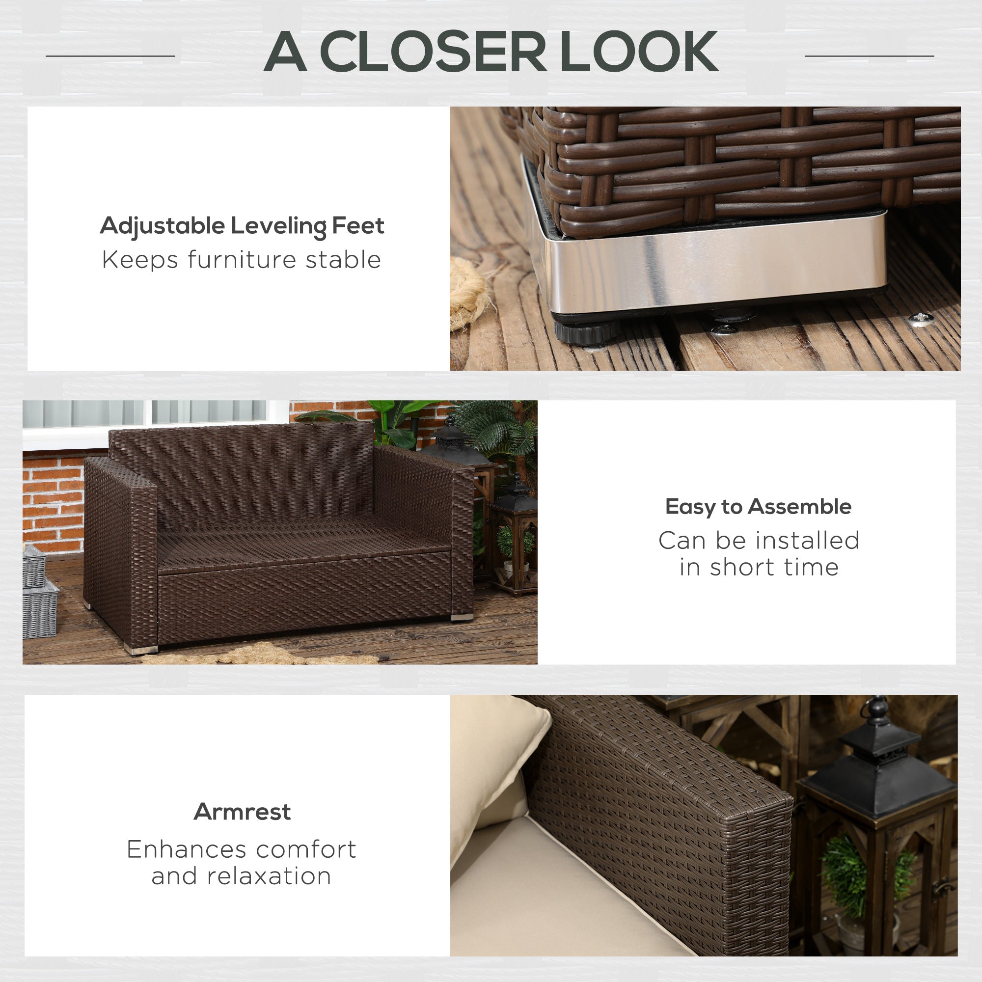 Outdoor Wicker Loveseat, Patio Furniture Couch with Cushions, 2 Seats PE Rattan Sofa, 2 Throw Pillows