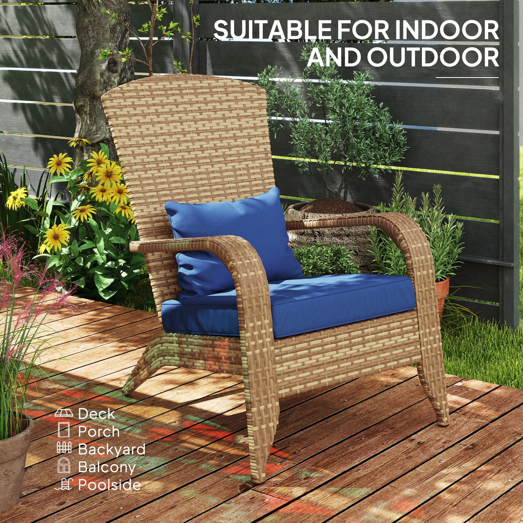 Patio Adirondack Chair with Rattan Wicker, Soft Cushions, Tall Curved Backrest for Deck or Garden