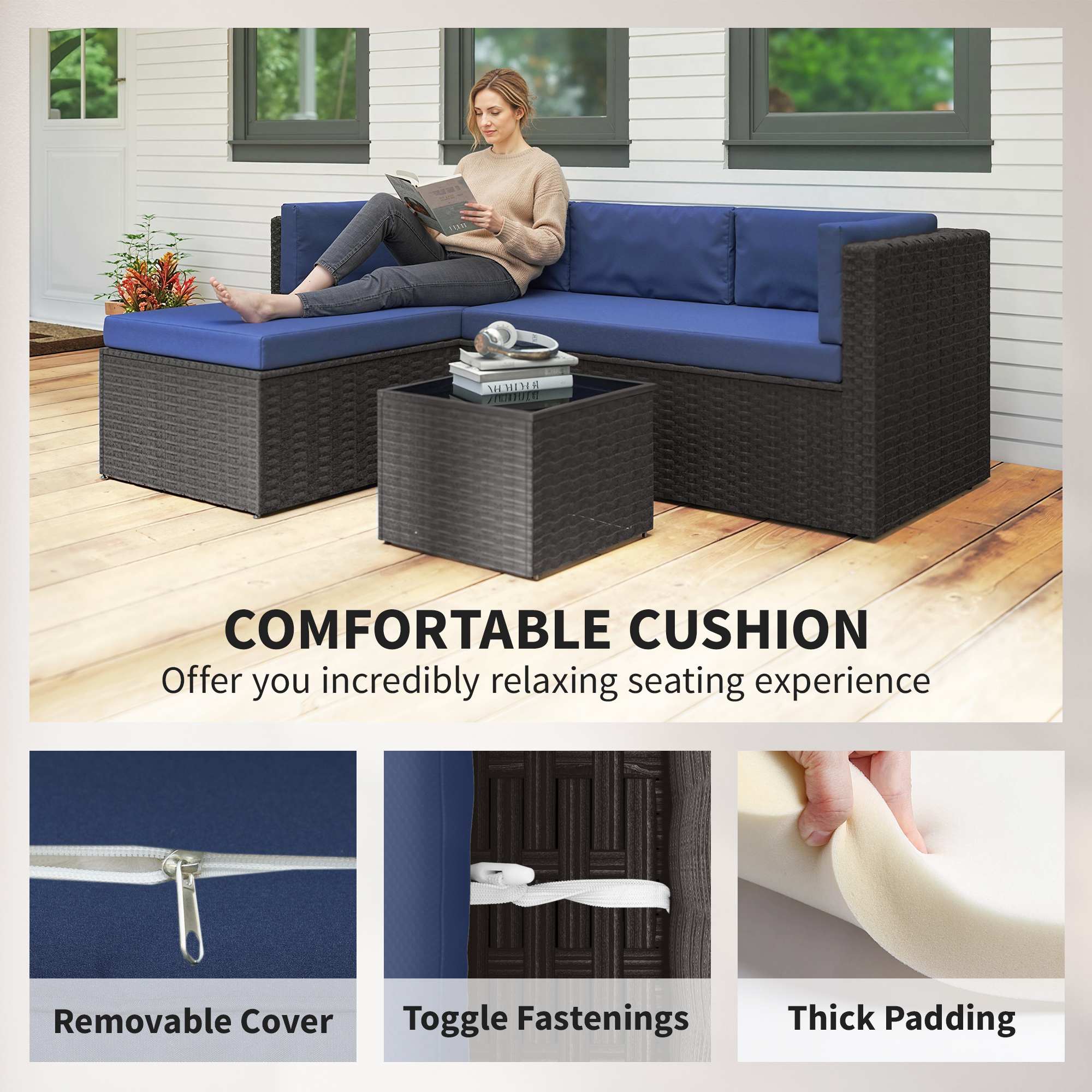 3 Piece Patio Furniture Set, Wicker Outdoor Patio Conversation Furniture Set with Cushions, Glass Top Table