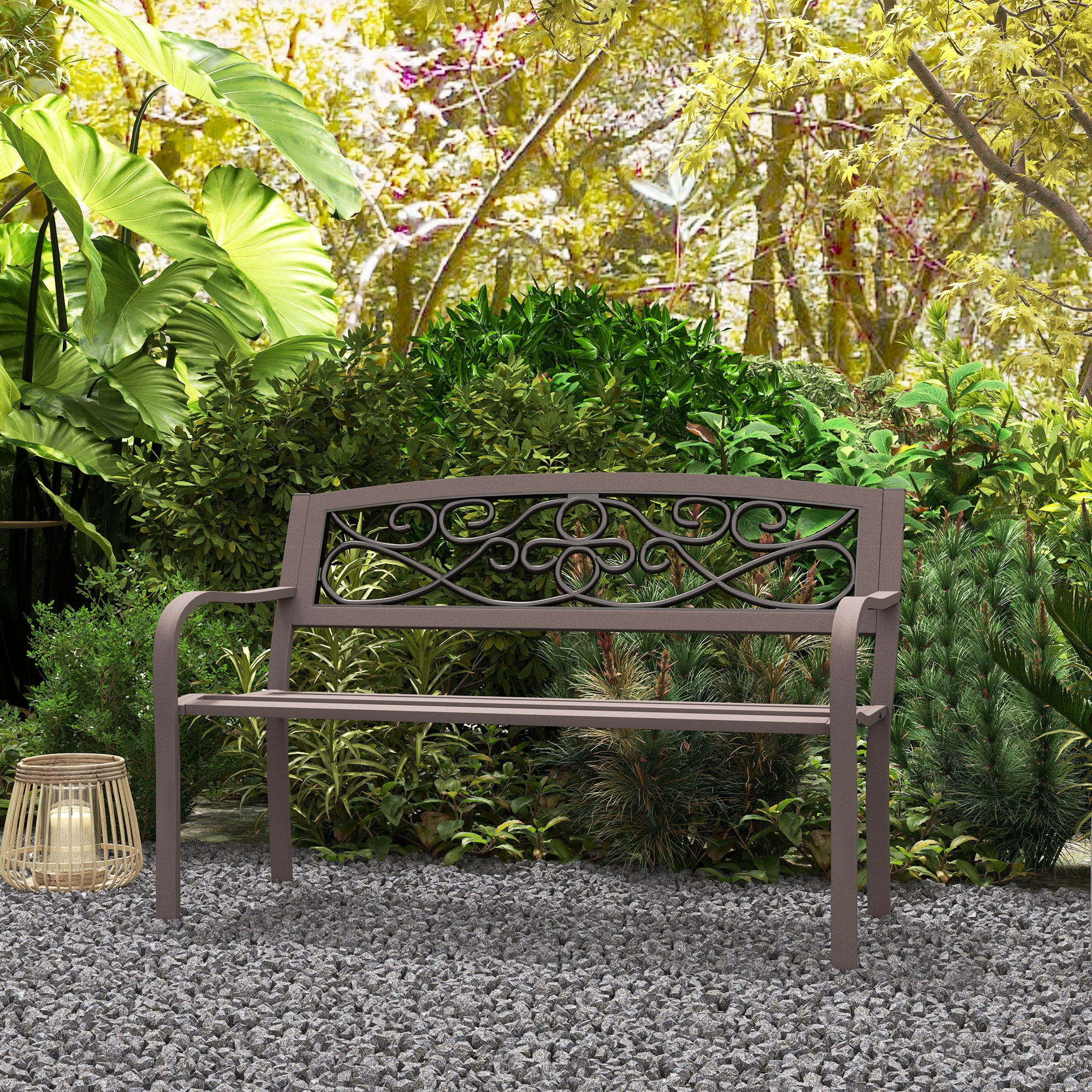 50" Outdoor Bench, Metal Garden Bench with Floral Pattern Backrest, Porch Bench with Slatted Seat for Park, Yard, Lawn, Brown