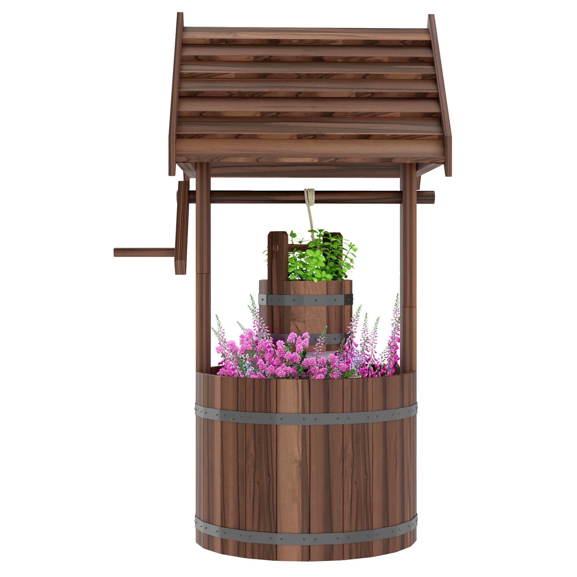 Wood Wishing Well for Outside with Hanging Bucket, Wishing Well Planter with Drain Hole for Garden Patio