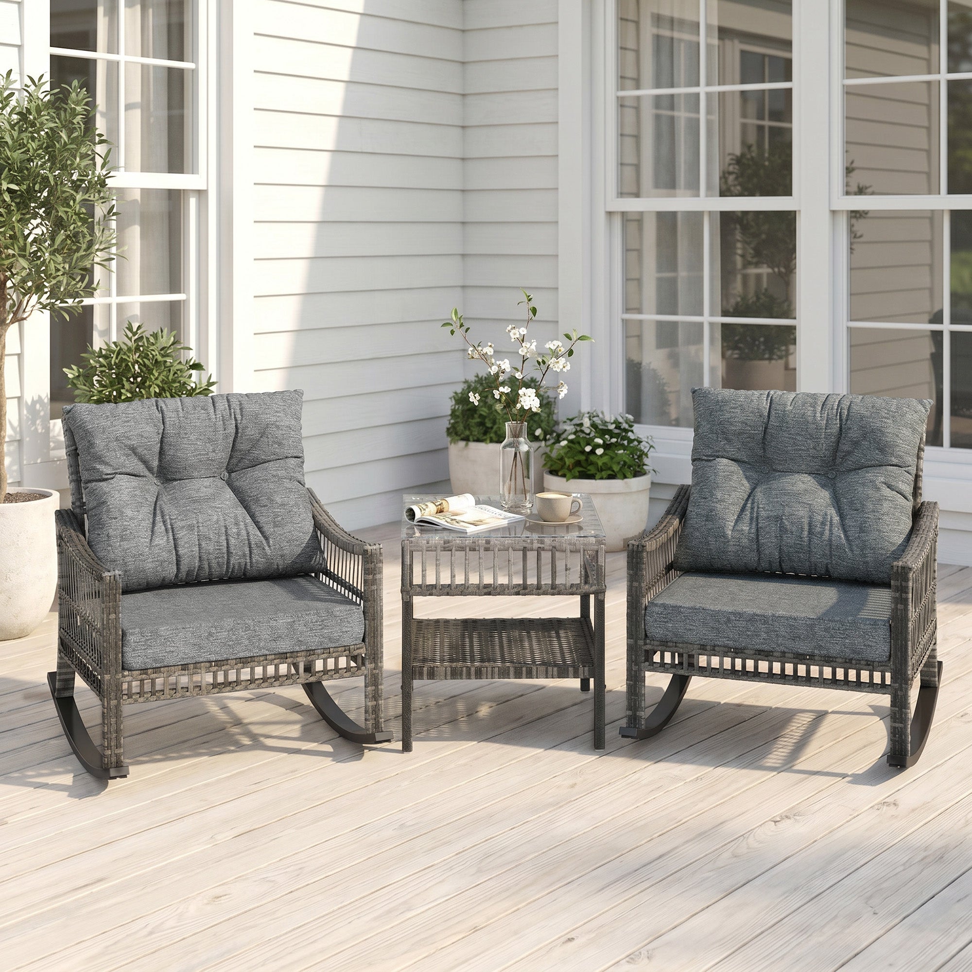 3 Piece Outdoor PE Rattan Rocker Chair Set, Rocking Chair with Tempered Glass Table Top