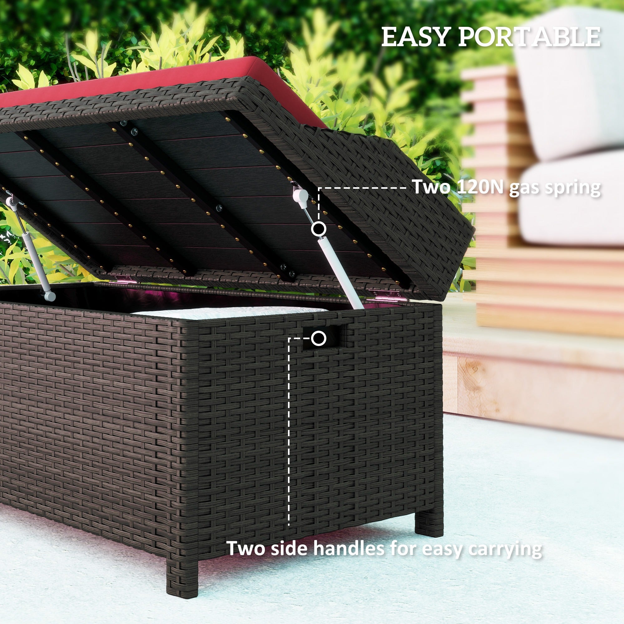 Outdoor Wicker Storage Bench with Storage & Cushion, Red
