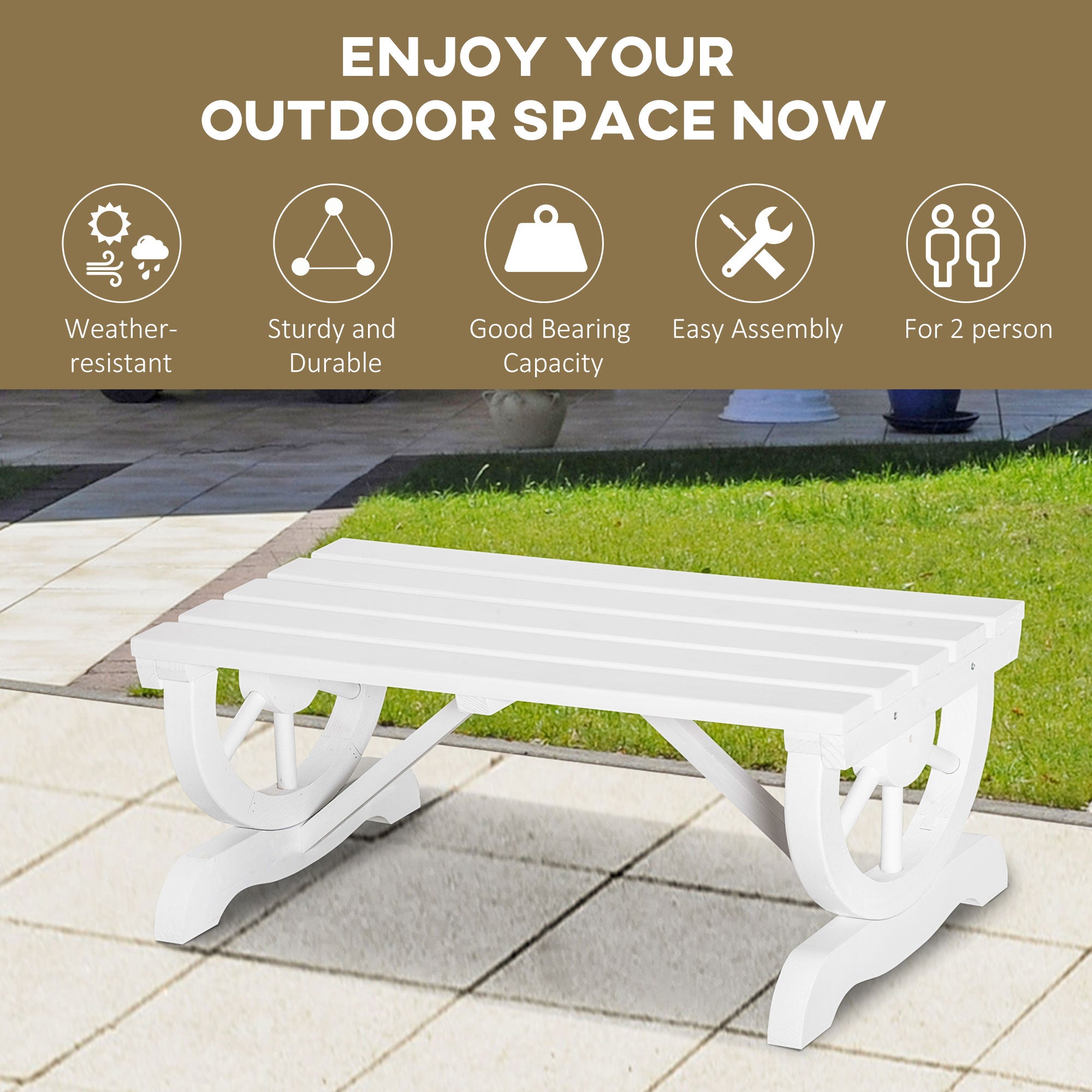 2-Person Wooden Garden Bench, Outdoor Wagon Wheel Porch Bench for Backyard Garden, Support 550 LBS, Rustic Country Style Patio Furniture
