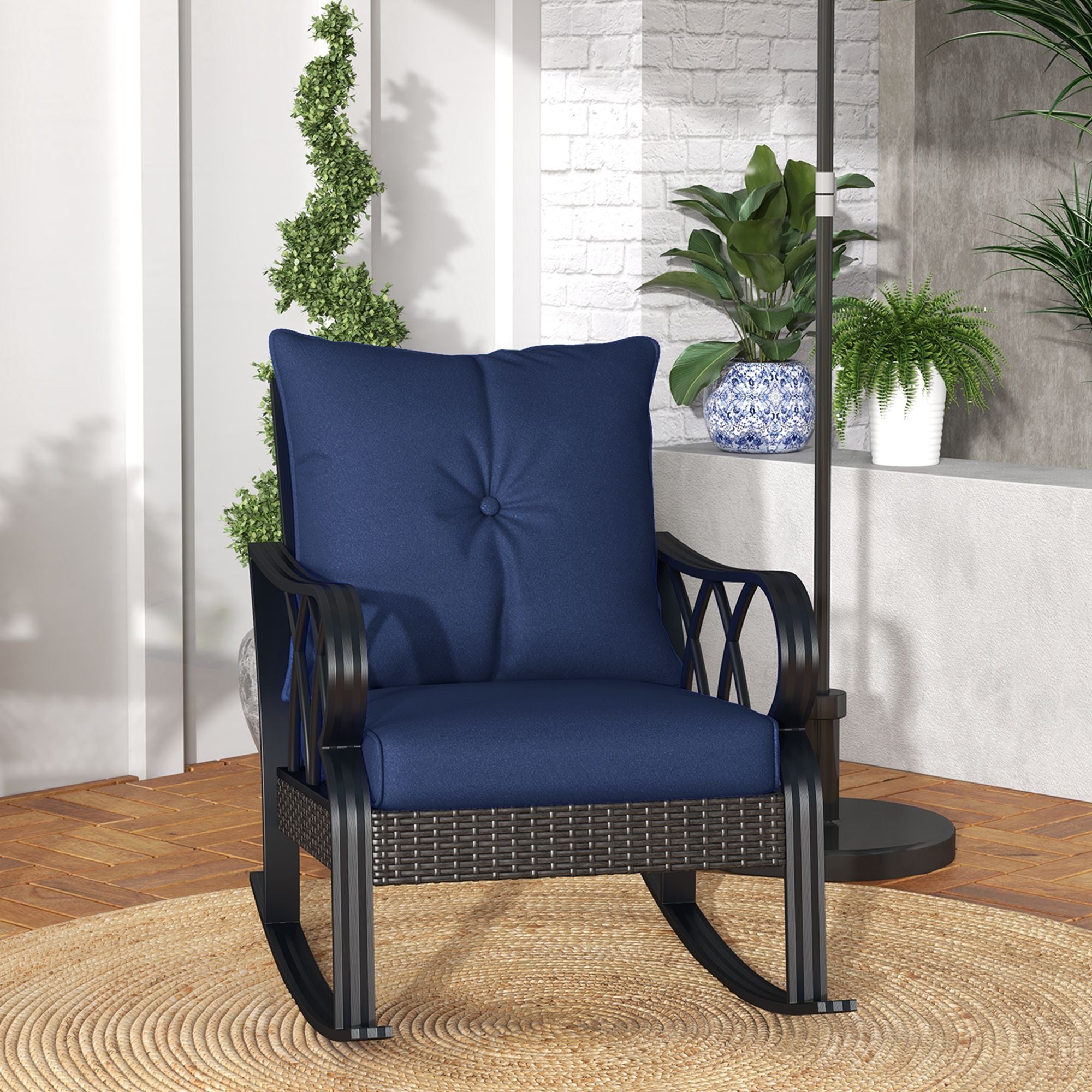 Outdoor Wicker Rocking Chair with Padded Cushions, Aluminum Furniture, Rattan Porch Rocker Chair w/ Armrest, Navy Blue
