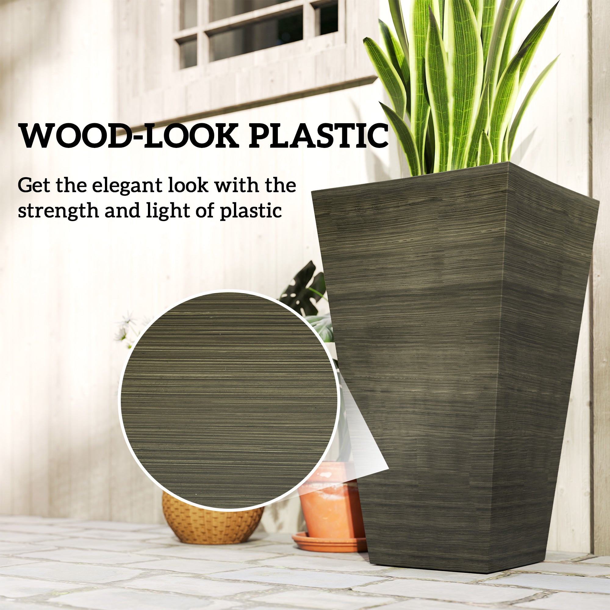 Set of 3 Tall Planters, 28" Outdoor Planter w/ Drainage Holes, Faux Wood Plastic Flower Pots, Dark Brown