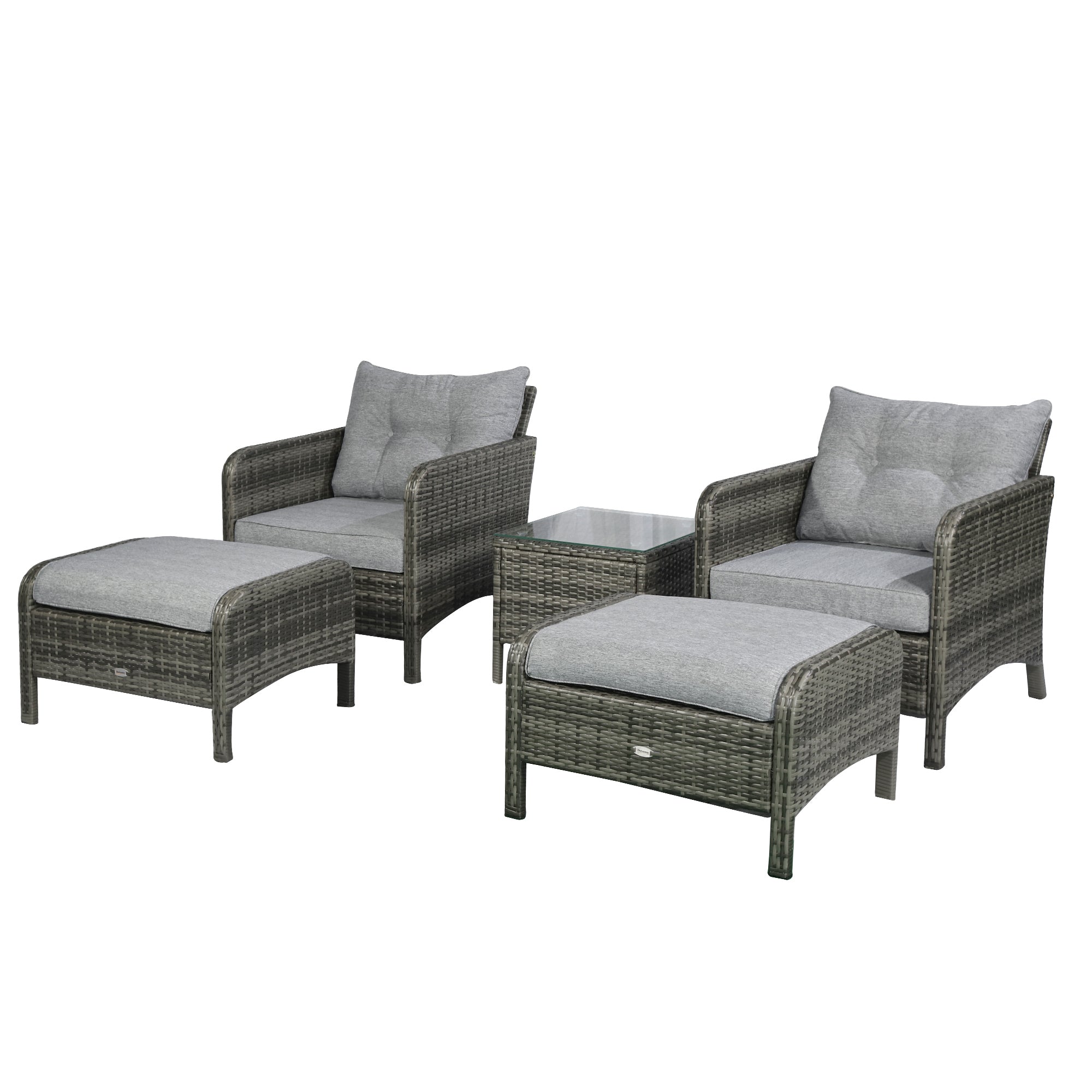 5 Pieces Rattan Wicker Lounge Chair Outdoor Patio Conversation Set with 2 Cushioned Chairs, 2 Ottomans and Tempered Glass Top Coffee Table