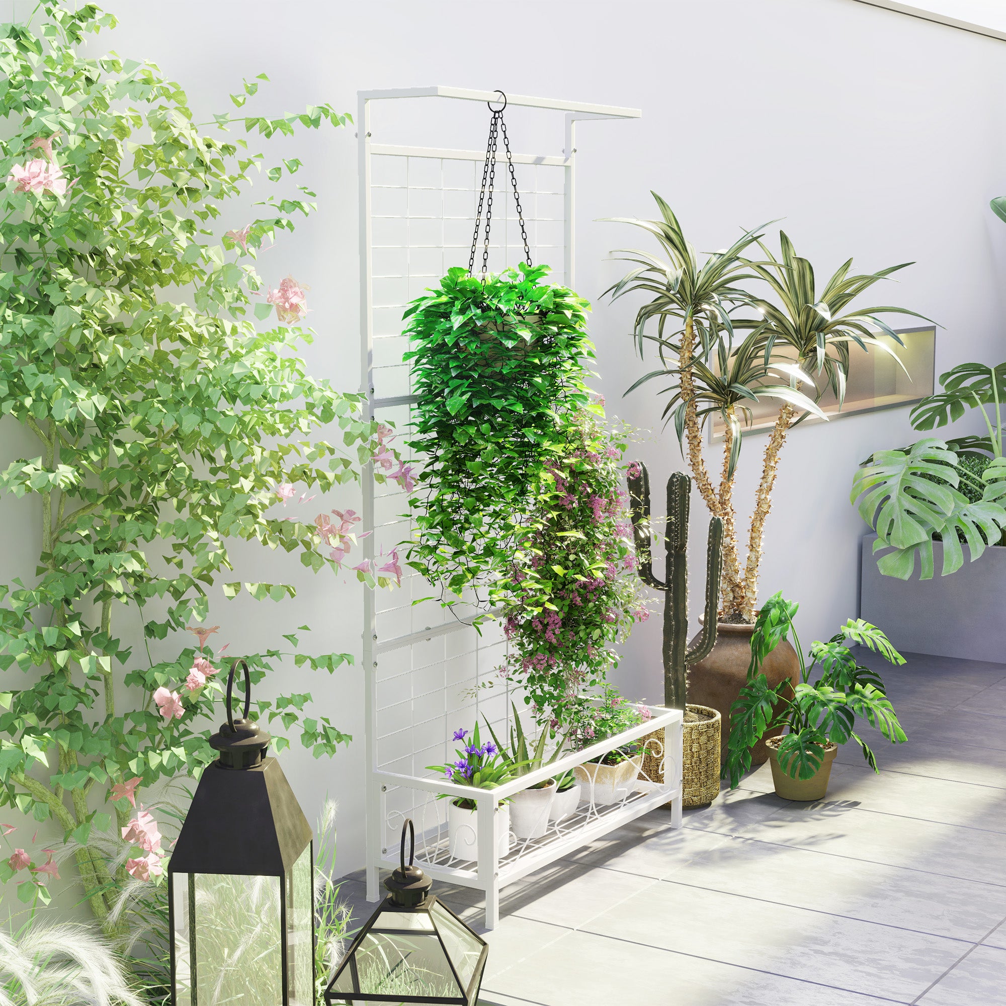 Metal Tall Plant Stand with Trellis and Hanging Bar, Plant Holder for Indoor Outdoor Use, 35" x 12.8" x 74"