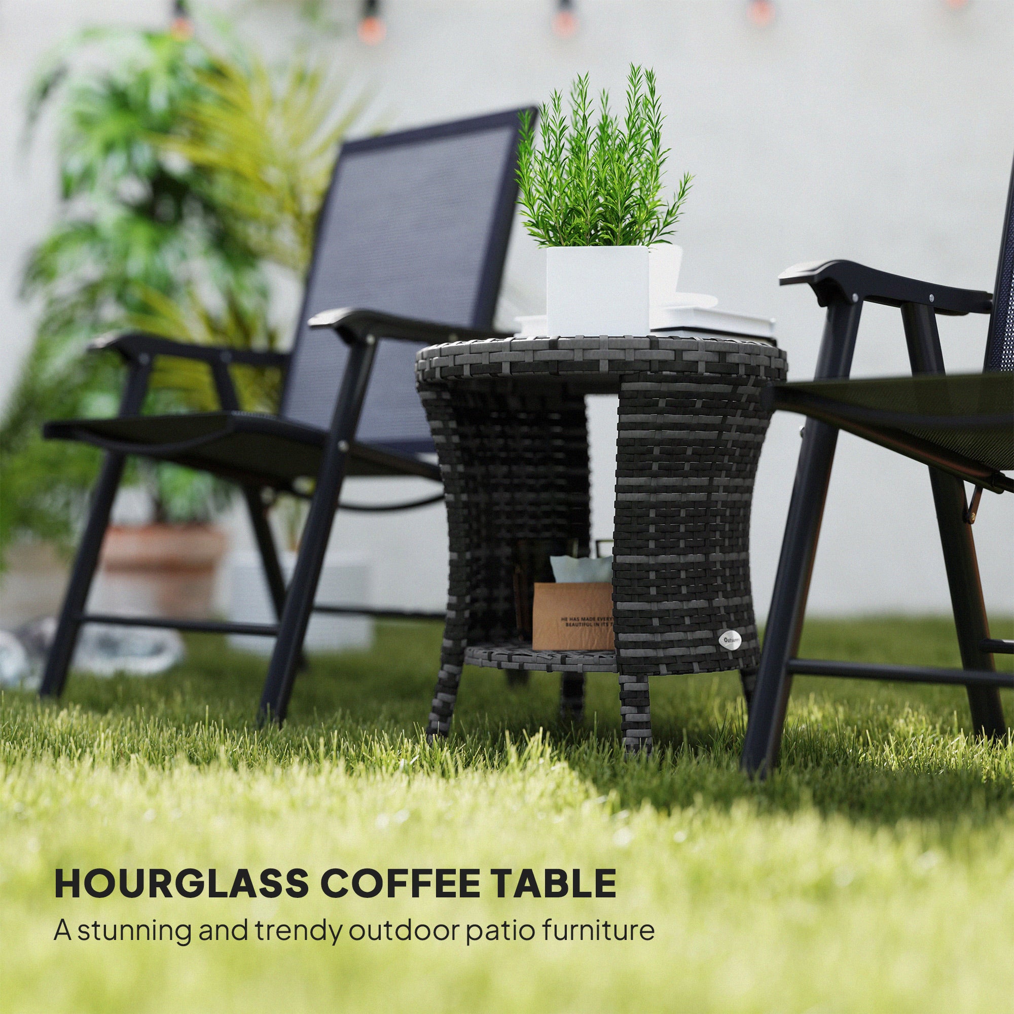 18" Wicker Outdoor Coffee Table, PE Rattan Patio Side Table with 2-Tier Storage, Composite Wood Top