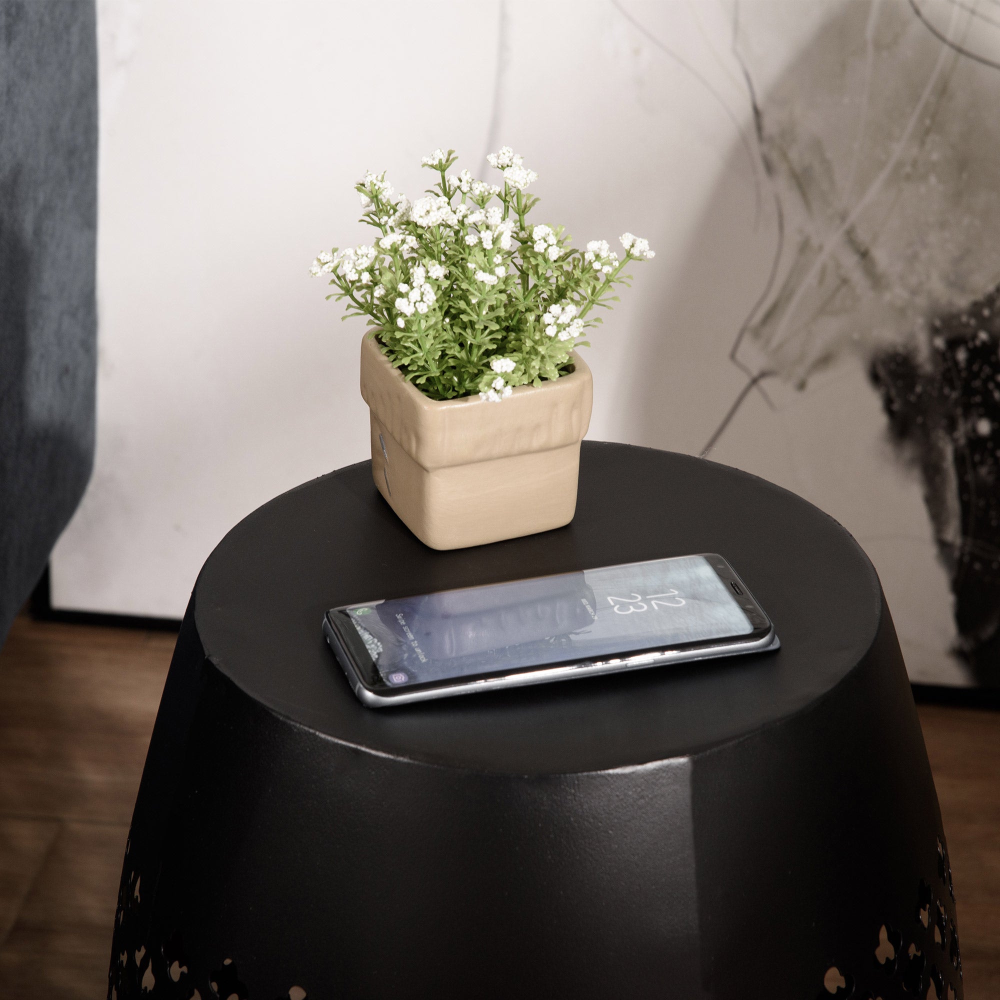 12" Steel Outdoor Side Table, Round Hollow Drum Patio End Table, Accent Table for Indoor and Outdoor