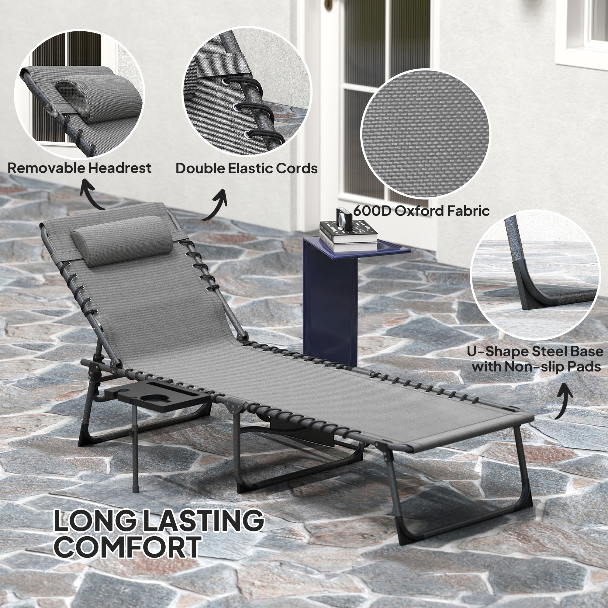 Folding Outdoor Chaise Lounge Chair Tanning Chair with 5-Level Adjustable Back, Side Table, Pillow, Pocket