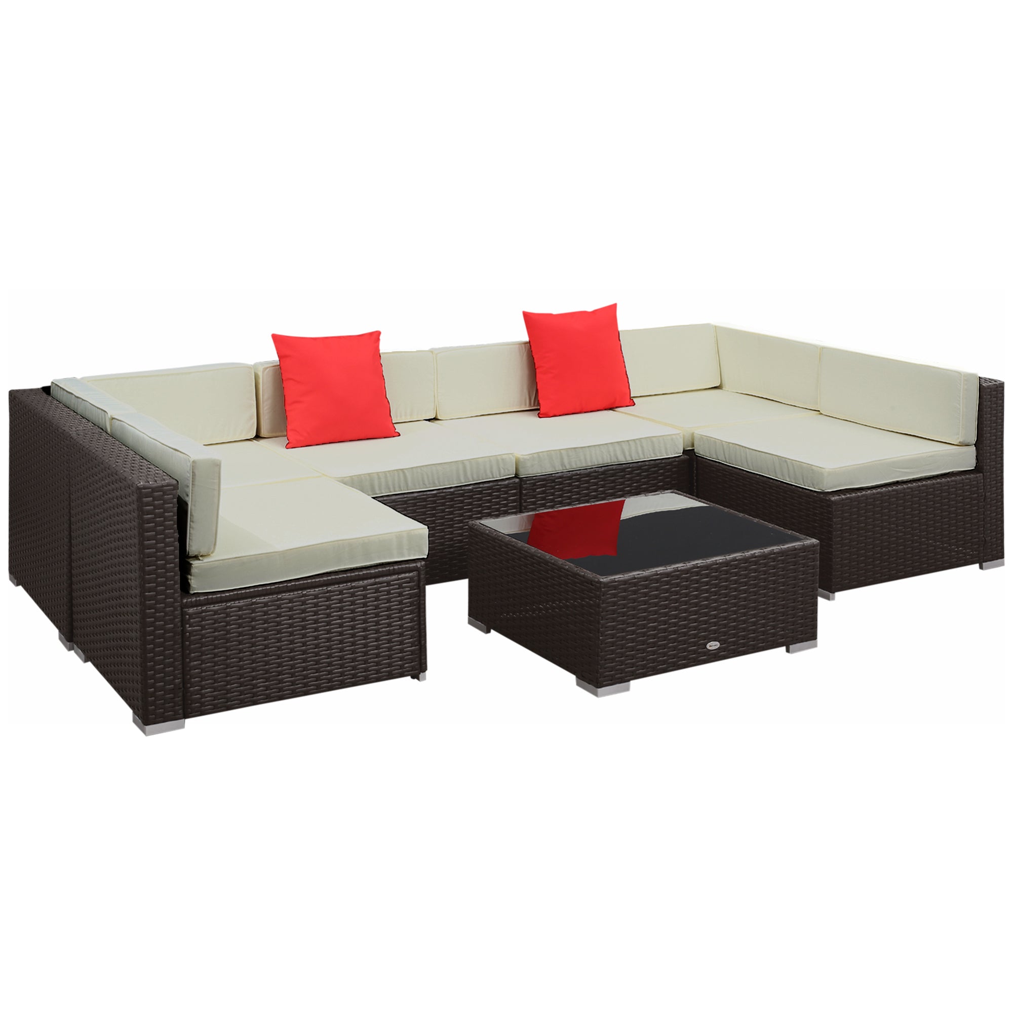7 Piece Outdoor Patio Sofa Set with Cushions, All Weather PE Rattan, 29.5" Sofa Section, Glass Top Coffee Table for Outdoor Living, Beige