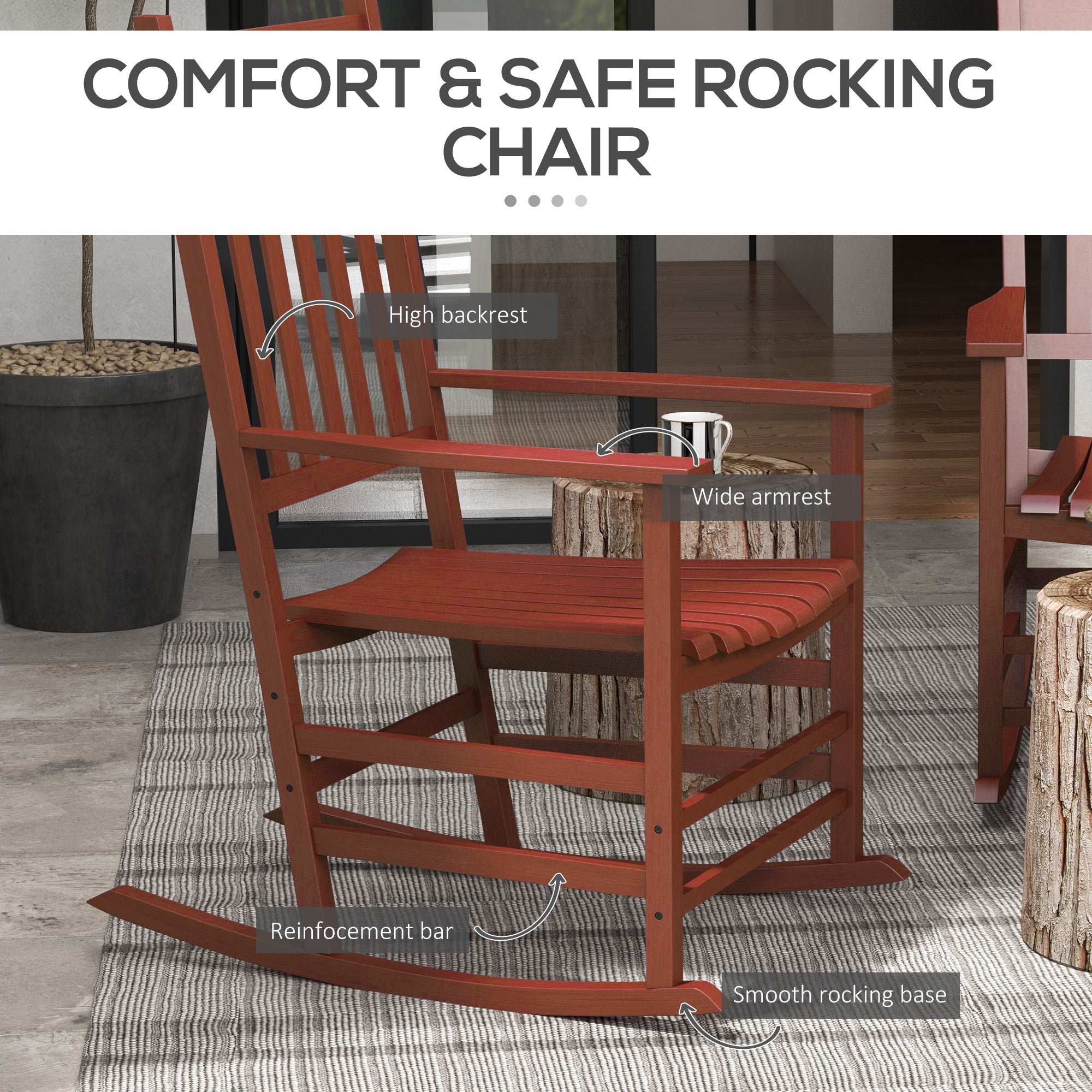 Outdoor Rocking Chair Set of 2, Patio Rocking Chair with Smooth Curves, High Density Wooden Rockers for Lawn Garden Porch, Supports Up to 350lbs