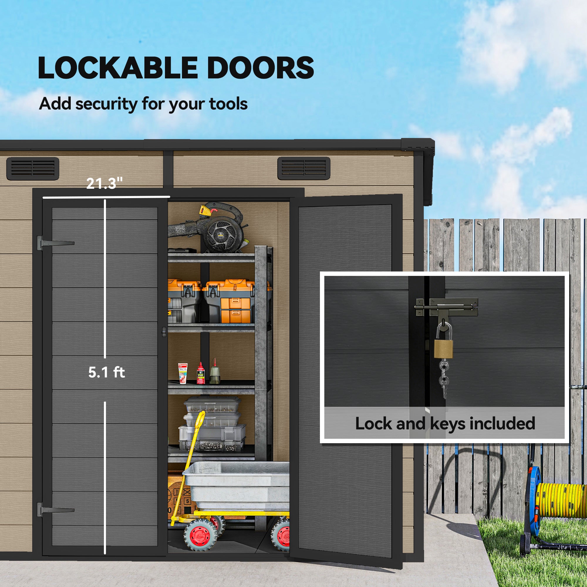 8' x 4' Plastic Outdoor Storage Shed with Floor, Window, Lockable Doors and Vents for Backyard Patio Lawn