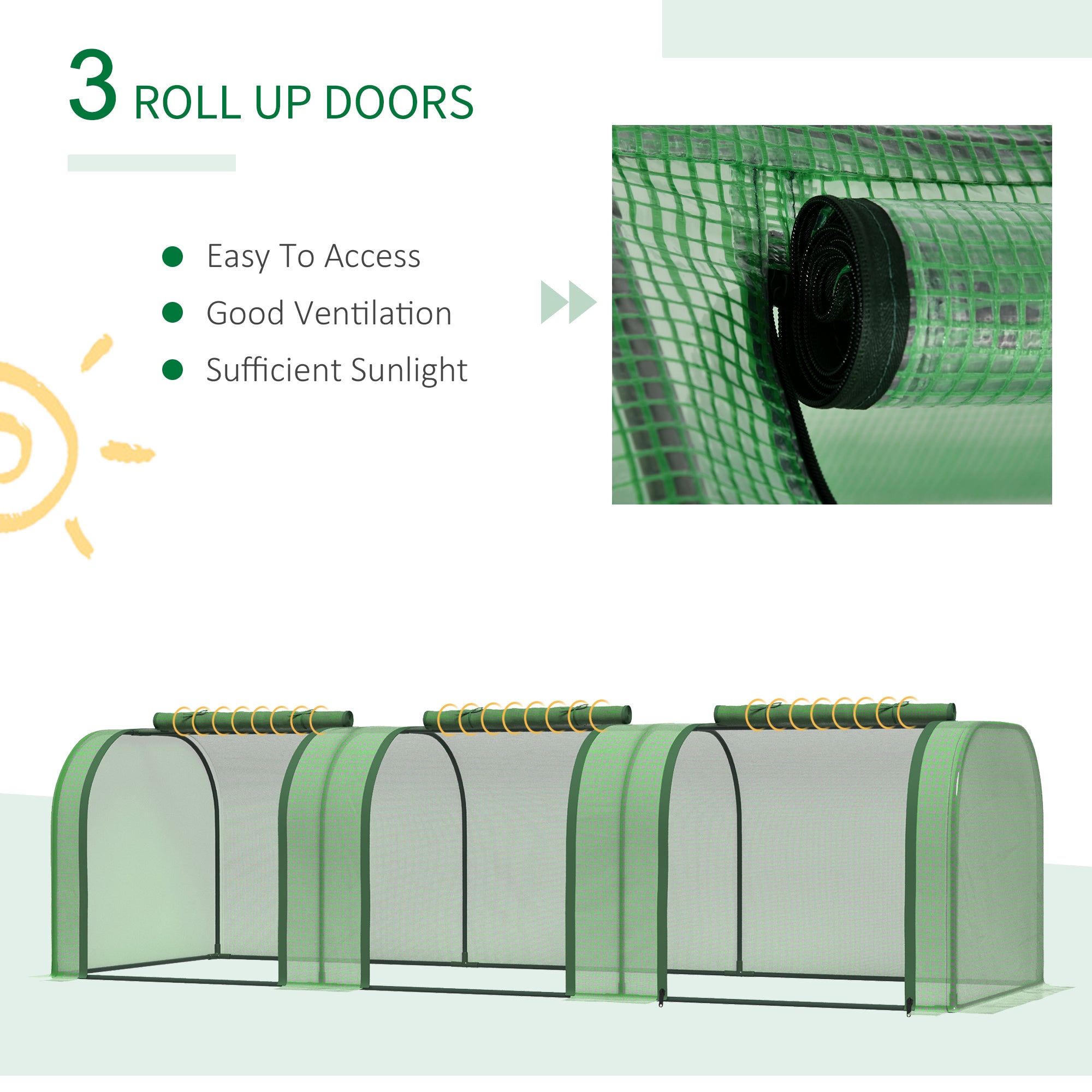 9.7' L x 3' W x 2.5' H Portable Tunneled Greenhouse with 3 Zippered Doors, Water/UV Fighting PE Cover