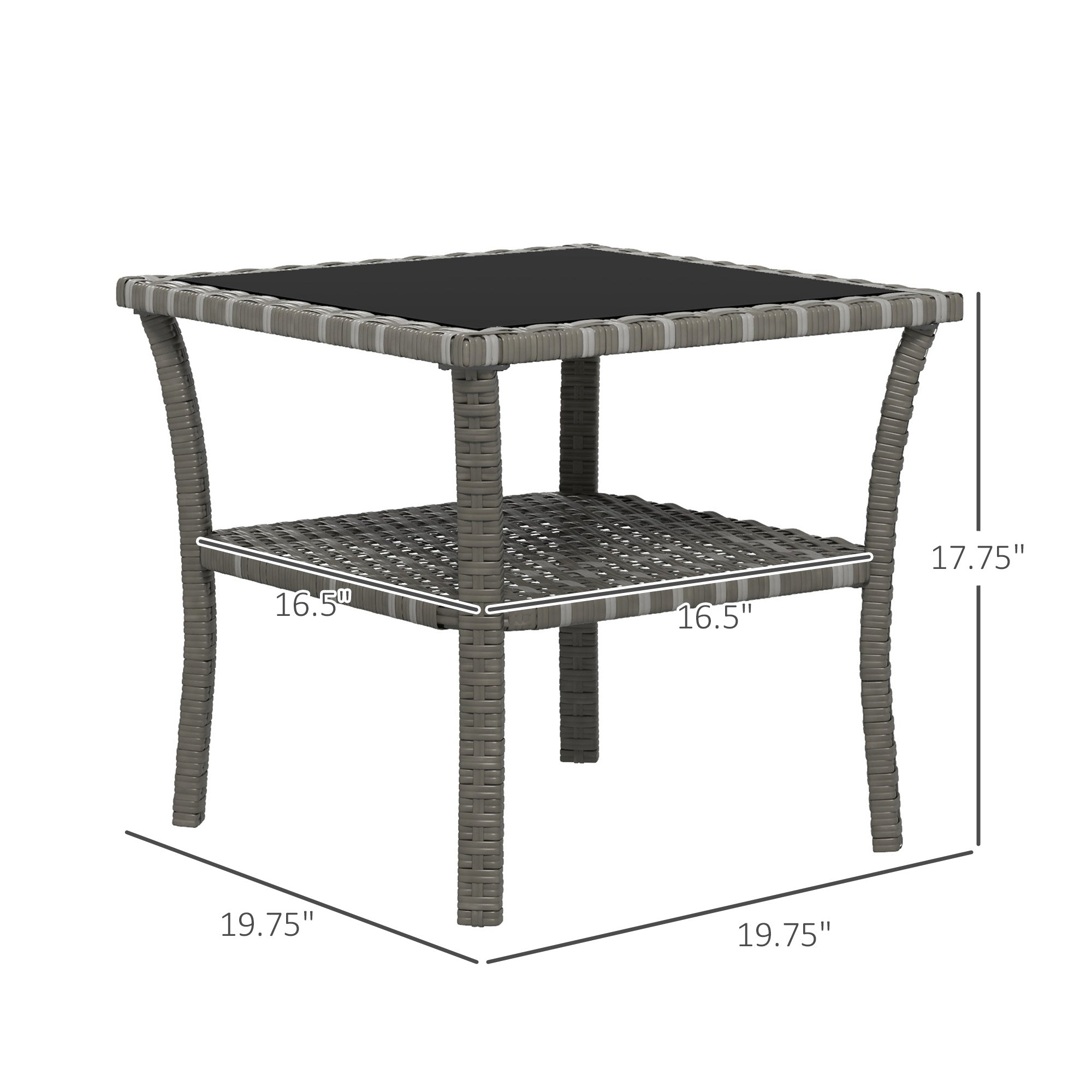 Rattan Side Table, Outdoor End Table with Storage Shelf, Aluminum Frame Square, Coffee Table with Tempered Glass Top
