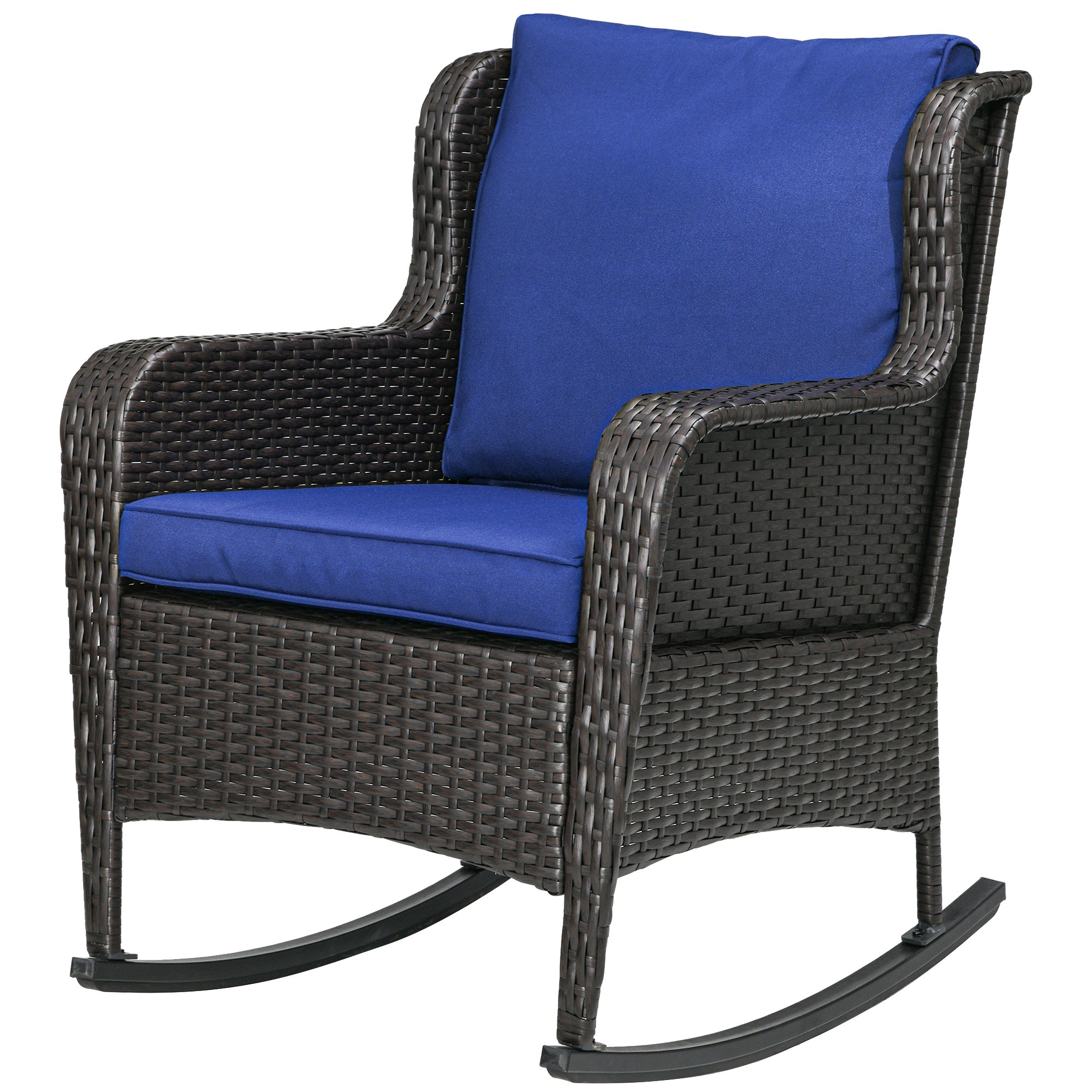 Outdoor Wicker Rocking Chair, Rattan Rocker with Cushions, Steel Frame for Patio, Garden, Backyard, Dark Blue
