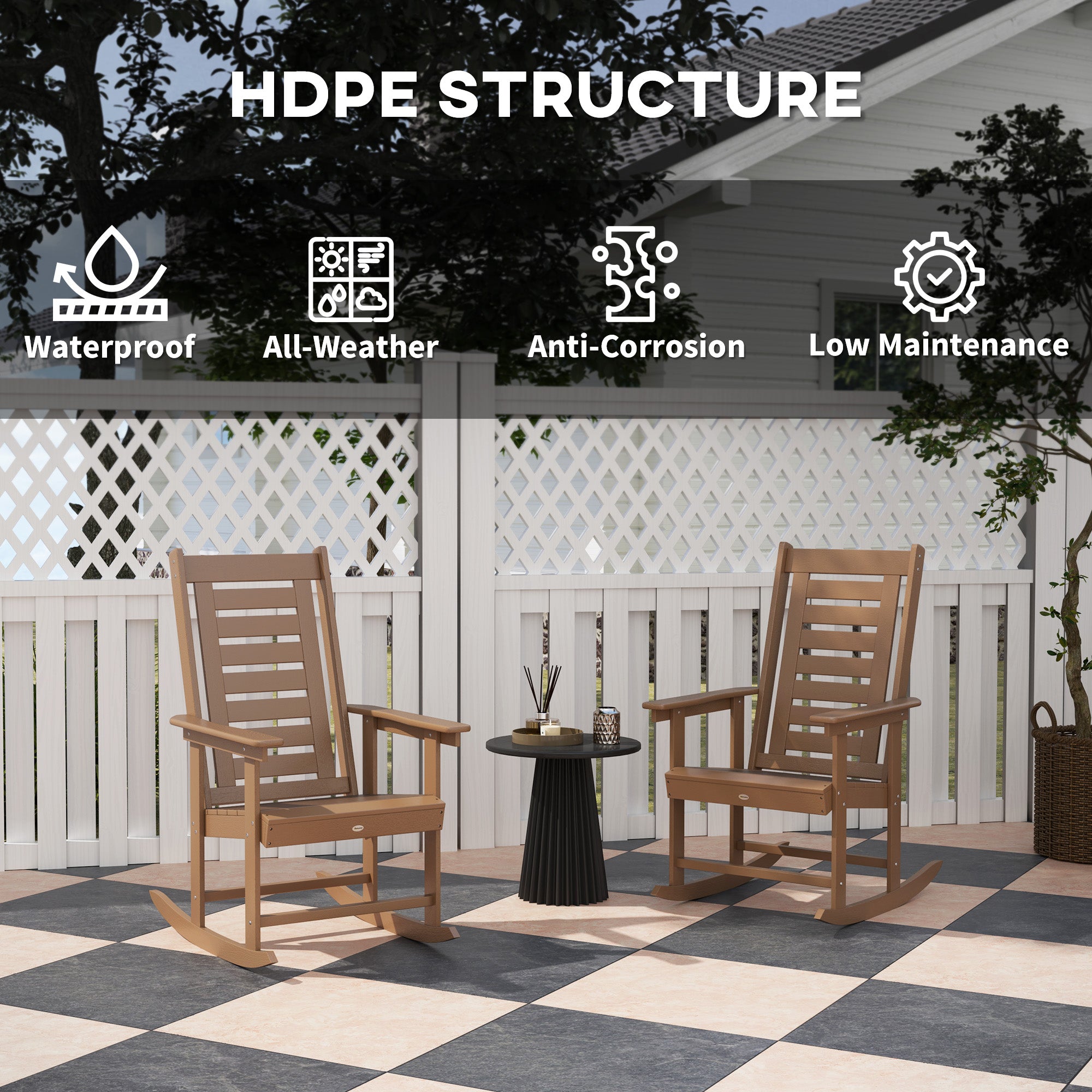 2 Pieces Outdoor Rocking Chairs, HDPE Patio Rockers with 28" High Back, Wide Armrests for Porch Backyard