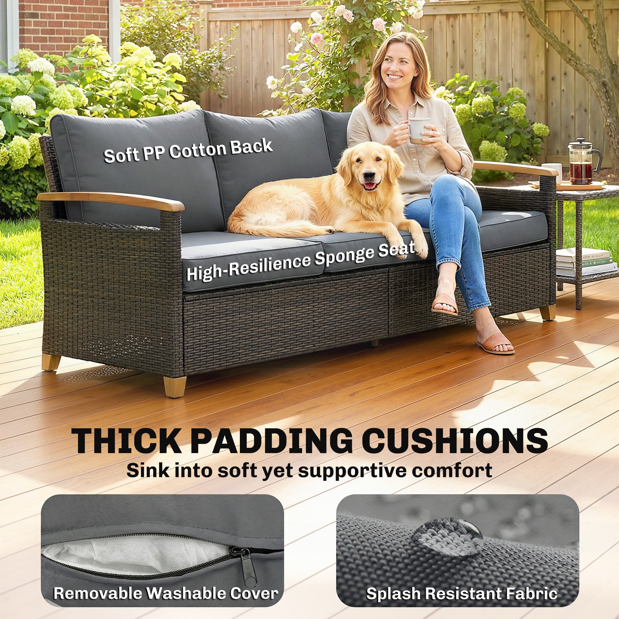 3 Seater Outdoor Couch Sofa, PE Wicker Patio Sofa, Wide Deep Seat, 4" Cushions, Wood-Effect Armrests Legs